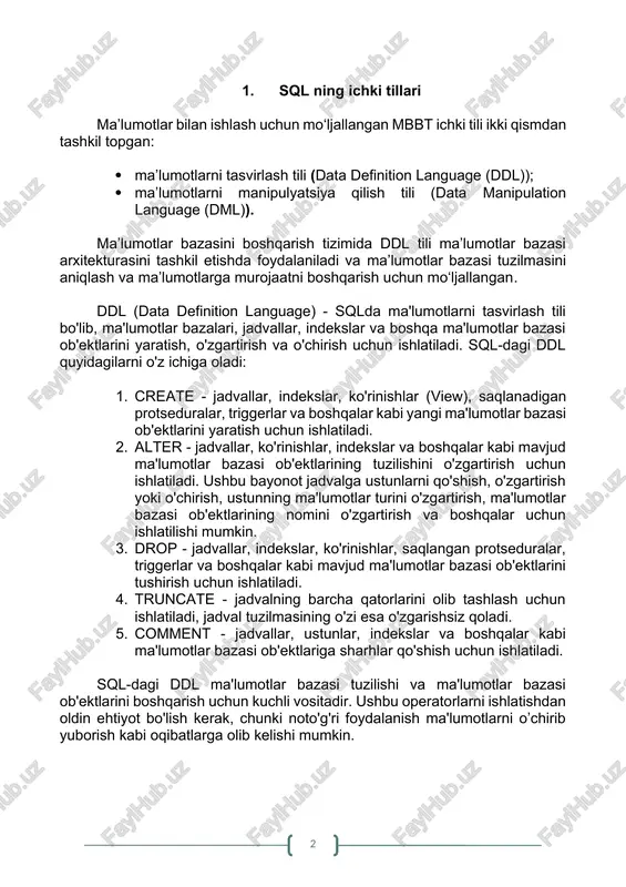 r bazasi ob'ektlariga sharhlar qo'shish uchun ishlatiladi. sql-dagi ddl ma'lumotlar bazasi tuzilishi va ma'lumotlar bazasi ob'ektlarini boshqarish uchun kuchli vositadir. ushbu operatorlarni ishlatishdan oldin ehtiyot bo'lish kerak, chunki noto'g'ri foydalanish ma'lumotlarni o’chirib yuborish kabi oqibatlarga olib kelishi mumkin. ma’lumotlar bazasini boshqarish tizimida dml tili esa ma’lumotlar bazasida amallar bajarish va ma’lumotlarni qayta ishlash uchun foydalaniladi va ma’lumotlarni ajratish va tiklash uchun mo‘ljallangan. dml (data manipulation language) - sql-da ma'lumotlarni manipulyatsiya qilish tili bo'lib, ma'lumotlar bazasi jadvallariga ma'lumotlarni qo'shish, o'zgartirish va o'chirish uchun ishlatiladi. sql-dagi dml quyidagilarni o'z ichiga oladi: 1. select jadvaldan ma'lumotlarni tanlash uchun ishlatiladi. bu barcha qatorlarni yoki faqat ma'lum mezonlarga mos keladigan maxsus qatorlarni tanlash imkonini beradi. 2. insert operatori jadvalga yangi qatorlar qo'shish uchun ishlatiladi. bu har bir ustun uchun qiymatlarni belgilash yoki boshqa ustunlar uchun ma’lumotlar ko'rsatilmagan bo'lsa, faqat ma'lum ustunlar uchun ma’lumotlarni qo'shish imkonini beradi. 3. update jadvaldagi mavjud satrlarni o'zgartirish uchun ishlatiladi. bu …
