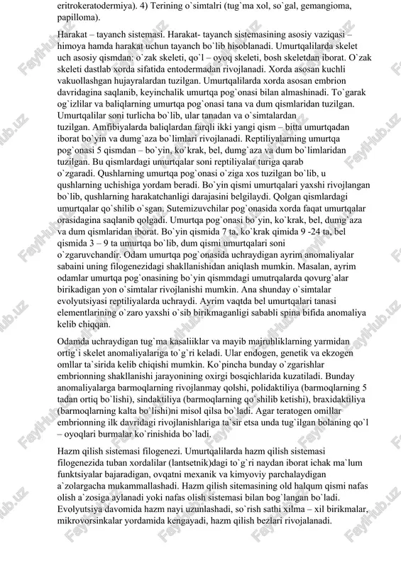 da uchraydi. amfibiyalarning terisi yalang`och, ya`ni tangachalarsiz bo`ladi. teri bezlari ajratadigan shilimshiq terini qurib qolishdan saqlab turadi. bundan tashqari, u bakteriotsid ta`siriga ham ega. ayrim amfibiyalar terisidagi zaharli bezlar mahsuli ularni dushmandan himoya qiladi. reptiliyalar terisi ularning quruqlikka moslanishida juda katta evolyutsion ahamiyatga ega. reptiliyalar terisi epidermisning yuqori qatlami shoxlanib, kosa yoki tangachalar hosil qilib, tanani qurib qolishdan saqlaydi. qushlar terisi juda yupqa bo`lishi, bez tutmasligi (quymich bezidan tashqari), patlar bilan qoplanganligi bilan xarakterlanadi. qushlar oyog`i terisi tipik shoxsimon tangachalar bilan qoplangan. sutemizuvchilarninng terisi qatlamlari murakkab, jun bilan qoplangan, turli xil bezlarga boy bo`ladi. soch, tirnoq, oyoq, shoxlar tangachalr hamda turli bezlar epidermisning hosilalari hisoblanadi. korium ayniqsa juda yaxshi rivojlangan, uning ostida teri osti yog` kletkachasi ham rivojlanadi. sut bezlari, teri bezlari, yog` bezlari sutemizuvchilar uchun xos bo`lgan bezlardir. terining anomaliyalarining quyidagi turlar tafovut qilinadi: 1) soch anomaliyalari (atrixoz yoki allopetsiya, gipertrixoz). 2) teri pigmentatsiyasining buzilishi (albinizm, melanizm). 3) teri …