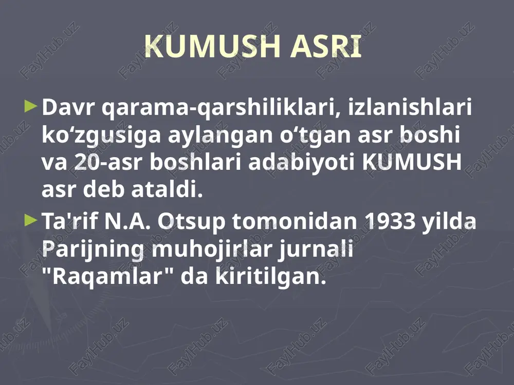 hi, shaxsiyatning kuchsizligi motivlari kundalik hayotdan xayolot olamiga qochishdir. simvolizm toifalari ramzlar (so‘z-belgi, uning yordamida shoir biror hodisaning mohiyatini ifodalab, sub’ektiv dunyoga, boshqa voqelikka ko‘prik qura oladi. “she’riyatda aytilmagan narsa timsol go‘zalligi orqali jimirlaydi” (d. merejkovskiy). musiqa (simvolistik she'rlar ba'zan og'zaki va musiqiy undoshlar va aks-sadolarning hayratlanarli oqimi sifatida qurilgan) "keksa timsollar" d. merejkovskiy v. bryusov k. balmont z. gippius f.sologub m. kuzmin. d. merejkovskiy merejkovskiy ta'kidlaganidek: "...yangi san'atning uchta asosiy elementi - mistik mazmun, ramzlar va badiiy sezgirlikning kengayishi". individual, shaxsiy tajriba, u nafaqat odat yoki eng o'tkir shahvoniy ehtiros bilan, balki sevgida ikkita birlik hissi - haqiqiy, haqiqiy sevgi bilan to'ldirilganda qimmatlidir. sevgi siri ortida inson qandaydir umumiy intilishlar bilan birlashgan yangi odamlar jamoasining sirini ochishi kerak. tabiiyki, bunday bog'liqlik odamlarni umumiy e'tiqod bilan bog'laydigan dinda eng oson amalga oshirilishi mumkin edi. shu sababli, merejkovskiy o'z she'riyatida butun insoniyat tarixi masih va dajjol o'rtasidagi qarama-qarshilikka asoslanganligini isbotlashga harakat …