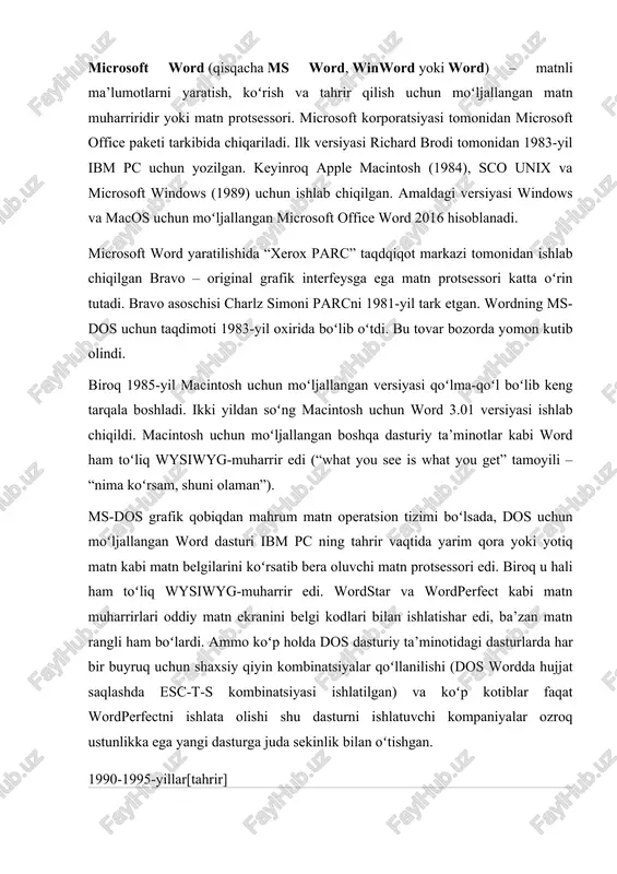 y ta’minotidagi dasturlarda har bir buyruq uchun shaxsiy qiyin kombinatsiyalar qoʻllanilishi (dos wordda hujjat saqlashda esc-t-s kombinatsiyasi ishlatilgan) va koʻp kotiblar faqat wordperfectni ishlata olishi shu dasturni ishlatuvchi kompaniyalar ozroq ustunlikka ega yangi dasturga juda sekinlik bilan oʻtishgan. 1990-1995-yillar[tahrir] 1989-yil windows uchun ishlab chiqilgan wordning ilk versiyasi $500 ga sotilgan. windows 3.0 ishlab chiqarilishidan soʻng savdo oʻsa boshladi va uning asosiy raqobatchisi wordperfect ustunlikni ushlay olmadi. keying versiyalarda matn muharriri doirasidan chetga chiqadigan imkoniyatlar qoʻshila boshladi. chizish asboblari hujjatga grafika qoʻshish kabi juda oddiy amalarni bajara olardi, lekin bu maxsus dasturlar kabi emasdi. obyektlarni qoʻshilishi, hujjat versiyalarini taqqoslash, koʻp tilli yordam va boshqa imkoniyatlar kelgusi yillarda amalga oshirildi. microsoft word hozirda keng qoʻllaniluvchi eng ommabop matn muharriri hisoblanadi. ibm oc platformasidagi “.doc” kengaytmasi word 97-2000 ikkilamchi formatining sinonimiga aylandi. bu formatga eksport va import qiluvchi filtrlar koʻpchilik matn muharrirlarida mavjuddir. hujjat formati wordning turli versiyalarida oʻzgarishlarga uchradi. formatlash amallari dasturning …