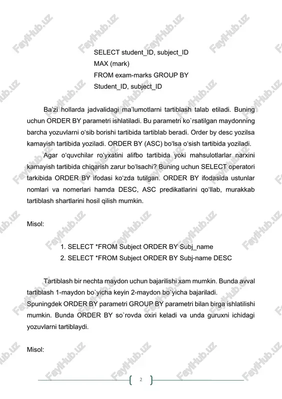 tlarini hosil qilish mumkin. misol: 1. select *from subject order by subj_name 2. select *from subject order by subj-name desc tartiblash bir nechta maydon uchun bajarilishi xam mumkin. bunda avval tartiblash 1-maydon bo`yicha keyin 2-maydon bo`yicha bajariladi. sruningdek order by parametri group by parametri bilan birga ishlatilishi mumkin. bunda order by so`rovda oxiri keladi va unda guruxni ichidagi yozuvlarni tartiblaydi. misol: 1. select * from subject order by semester, subj-name; 2. select subj-name, semester, subj-name order by semester sql tili 1 ta so`rov ichiga 2-so‘rovni joylashtirib ishlatish imkonini beradi. misol: birorta talabani familiyasi bo`yicha uning id sini topish talab etilsa, va bu talabani barcha baxolari xaqidagi ma’lumotni ko`rmoqchi bo‘lsak quyidagi so‘rovni yozish mumkin. select * from exam_marks where student_id (select student_i) from student where surname= ‘abdullaev’; jadvallar bilan ishlaganda, ba’zan ustun va jadval nomlarini qayta aniqlashga yoki qayta nomlashga to`gri keladi. bunday masalalar ko`pincha birorta ifodalarni xisoblaganda, virtual ustunga joylashganda …
