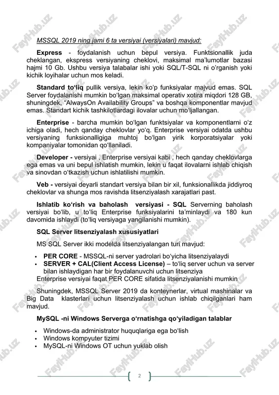 yalar majvud emas. sql server foydalanishi mumkin bo‘lgan maksimal operativ xotira miqdori 128 gb, shuningdek, “alwayson availability groups” va boshqa komponentlar mavjud emas. standart kichik tashkilotlardagi ilovalar uchun mo‘ljallangan. enterprise - barcha mumkin bo‘lgan funktsiyalar va komponentlarni o‘z ichiga oladi, hech qanday cheklovlar yo‘q. enterprise versiyai odatda ushbu versiyaning funksionalligiga muhtoj bo‘lgan yirik korporatsiyalar yoki kompaniyalar tomonidan qo‘llaniladi. developer - versiyai , enterprise versiyai kabi , hech qanday cheklovlarga ega emas va uni bepul ishlatish mumkin, lekin u faqat ilovalarni ishlab chiqish va sinovdan o‘tkazish uchun ishlatilishi mumkin. veb - versiyai deyarli standart versiya bilan bir xil, funksionallikda jiddiyroq cheklovlar va shunga mos ravishda litsenziyalash xarajatlari past. ishlatib ko‘rish va baholash versiyasi - sql serverning baholash versiyai boʻlib, u toʻliq enterprise funksiyalarini taʼminlaydi va 180 kun davomida ishlaydi (toʻliq versiyaga yangilanishi mumkin). sql server litsenziyalash xususiyatlari ms sql server ikki modelda litsenziyalangan turi mavjud: · per core - mssql-ni server …