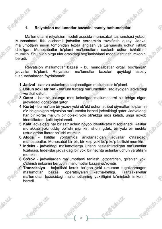 dekslar jadvaldagi bir yoki bir nechta ustunlar uchun yaratilishi mumkin. 8. so'rov - jadvallardan ma'lumotlarni tanlash, o'zgartirish, qo'shish yoki o'chirish imkonini beruvchi ma'lumotlar bazasi so'rovidir. 9. tranzaksiya - bajarilishi kerak bo'lgan yoki umuman tugallanmagan ma'lumotlar bazasi operatsiyalari ketma-ketligi. tranzaksiyalar ma'lumotlar bazasidagi ma'lumotlarning yaxlitligini ta'minlash imkonini beradi. 2. ma’lumotlarni tasvirlashda jadvallardan foydalanish ma'lumotlarni tasvirlash uchun jadvallardan foydalanish relyatsion ma'lumotlar bazasi modelining asosiy tamoyilidir. har bir jadval ma'lumotlar bazasidagi ob'ektlar yoki ob'ektlar haqidagi ma'lumotlarni o'z ichiga olgan yozuvlar (kortejlar) to'plamidir. har bir jadval ustunlar (atributlar) dan iborat bo'lib, ular har bir yozuv uchun ma'lumotlar turlari va cheklovlarini belgilaydi. jadvaldagi har bir yozuv ma'lum bir ob'ektga mos keladi va barcha atributlar uchun qiymatlarni o'z ichiga oladi. misol uchun, agar "mijozlar" jadvalini yaratmoqchi bo'lsak, unda ushbu jadval uchun "ism", "familiya", "manzil", "telefon" kabi atributlarni belgilashimiz mumkin. (4.1.jadval.) har bir atribut uchun uning ma'lumotlar turini va maksimal uzunlik yoki formati kabi cheklovlarni belgilashimiz mumkin. so’ngra …