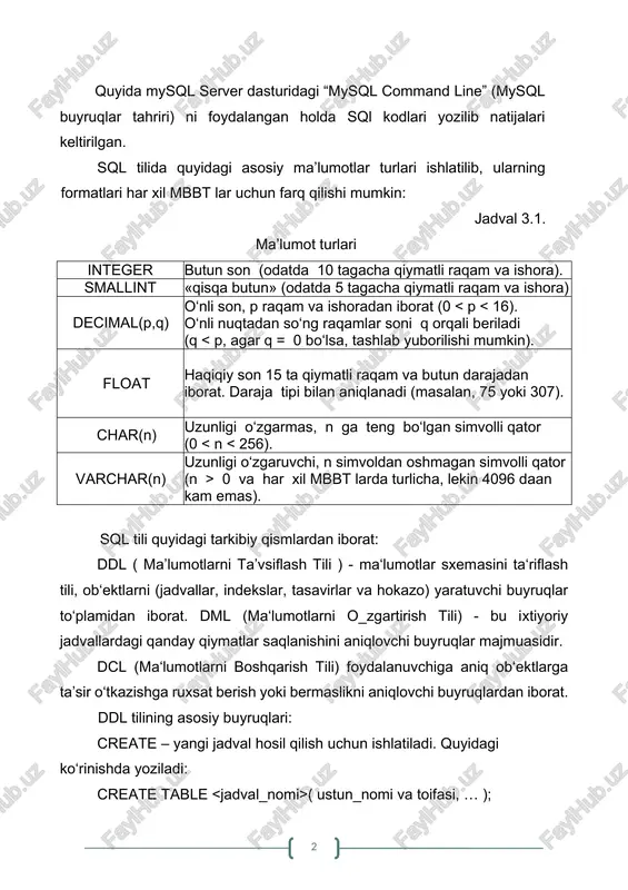 larda turlicha, lekin 4096 daan kam emas). sql tili quyidagi tarkibiy qismlardan iborat: ddl ( ma’lumotlarni ta’vsiflash tili ) - ma‘lumotlar sxemasini ta‘riflash tili, ob‘ektlarni (jadvallar, indekslar, tasavirlar va hokazo) yaratuvchi buyruqlar to‘plamidan iborat. dml (ma‘lumotlarni o_zgartirish tili) - bu ixtiyoriy jadvallardagi qanday qiymatlar saqlanishini aniqlovchi buyruqlar majmuasidir. dcl (ma‘lumotlarni boshqarish tili) foydalanuvchiga aniq ob‘ektlarga ta’sir o‘tkazishga ruxsat berish yoki bermaslikni aniqlovchi buyruqlardan iborat. ddl tilining asosiy buyruqlari: create – yangi jadval hosil qilish uchun ishlatiladi. quyidagi ko‘rinishda yoziladi: create table ( ustun_nomi va toifasi, … ); create table talaba ( id int not null, name varchar(50) not null, age int, primary key (id) ); alter – jadvalga o‘zgartirish kiritish uchun ishlatiladi. bu buyruq jadvalga yangi ustunlar qo'shish, ustunlarni o‘chirish, ustunlar kattaligini o‘zgartirish, hamda cheklanishlarni qo‘shish va olib tashlash imkoniyatlariga ega. misol uchun jadvalga ustun qo‘shish buyrug‘i sintaksisi quyidagicha: alter table add ; alter table talaba add column address varchar(100); …