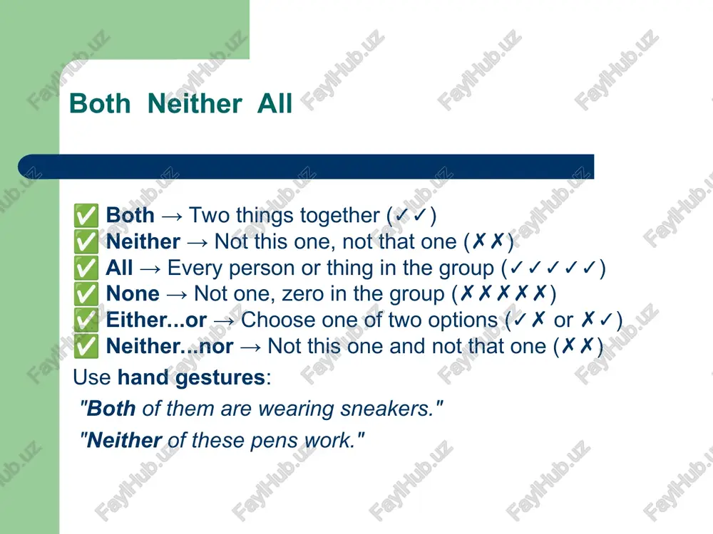formal) negative: may not / might not "she may not come to the party." must / mustn't (obligation, strong necessity, prohibition) obligation: "you must wear a seatbelt." strong necessity: "i must finish this project today." prohibition: "you mustn’t smoke here." negative: mustn't (prohibition) "you mustn't touch the artwork in the museum." have to / don't have to (necessity, lack of necessity) necessity: "i have to wake up early for work." lack of necessity: "you don’t have to wear a uniform at this event." negative: don’t have to (not necessary) "you don’t have to bring food; we’ll provide it." should / shouldn’t (advice, recommendation, expectation) advice: "you should exercise more." expectation: "the train should arrive at 5 pm." negative: shouldn't (advice not to do something) "you shouldn’t eat too much junk food." will / won’t (future prediction, promise, decision) prediction: "she will be famous one day." promise: "i will help you …
