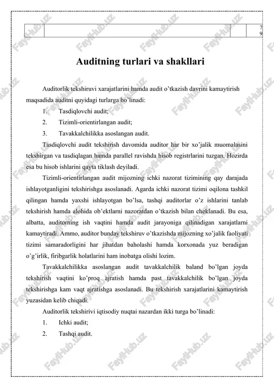 rlari va ularning tasnifi....................... 149 4.3. ichki nazorat va taftishning roli........................................................ 160 4.4. audit va taftishning o‘zaro bog‘liqligi............................. 162 4.5. taftish natijalarini baholash va hujjatlashtirish........................................ 175 5-bob audit amaliyoti va uning zamonaviy tendensiyalar............................................. 179 5.1. zamonaviy auditorlik faoliyati va xalqaro standartlar 179 auditning turlari va shakllari auditorlik tekshiruvi xarajatlarini hamda audit o’tkazish davrini kamaytirish maqsadida auditni quyidagi turlarga bo’linadi: 1. tasdiqlovchi audit; 2. tizimli-orientirlangan audit; 3. tavakkalchilikka asoslangan audit. tasdiqlovchi audit tekshirish davomida auditor har bir xo’jalik muomalasini tekshirgan va tasdiqlagan hamda parallel ravishda hisob registrlarini tuzgan. hozirda esa bu hisob ishlarini qayta tiklash deyiladi. tizimli-orientirlangan audit mijozning ichki nazorat tizimining qay darajada ishlayotganligini tekshirishga asoslanadi. agarda ichki nazorat tizimi oqilona tashkil qilingan hamda yaxshi ishlayotgan bo’lsa, tashqi auditorlar o’z ishlarini tanlab tekshirish hamda alohida ob’ektlarni nazoratdan o’tkazish bilan cheklanadi. bu esa, albatta, auditorning ish vaqtini hamda audit jarayoniga qilinadigan xarajatlarni kamaytiradi. ammo, auditor bunday tekshiruv o’tkazishda mijozning xo’jalik faoliyati …