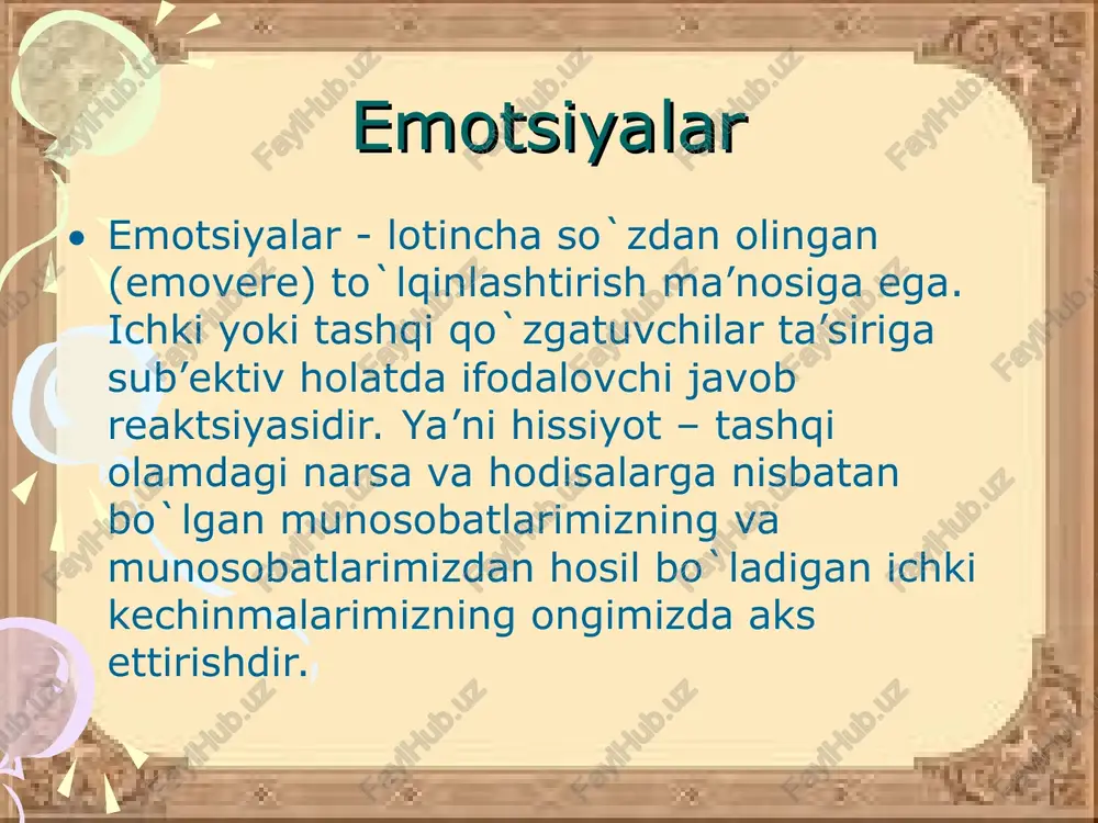 ar sistemasi hisoblanadi. ma’lum qo`zg`alishlar odam uchun xotirjamlik yoki notinchlik haqidagi fikrlarga aylanadi. signal funktsiyasi ifodalangan xatti-harakat (mimika va pantomimika) signal funktsiyasini bajaradi. ular odamning kechinmalarini boyitadi, yorqinlashtiradi va boshqa odamlarning idrok kelishini engillashtiradi. boshqaruvchanlik funktsiyasi hissiyot olamda sodir bo`layotgan narsalardan shaxs sifatidagi odam uchun ahamiyatli bo`lganlari haqida darak beruvchi signallar sistemasi hisoblanadi. ma’lum qo`zg`alishlar odam uchun xotirjamlik haqidagi signalga aylanadi. hissiyotlarning boshqaruvchanlik funktsiyasi shunda namoyon bo`ladiki, barqaror kechinmalar bizning xulqimizni yo`naltiradi va qarama-qarshiliklarni engishga undaydi. hissiyotlar hissiyotlar o`zining yuzaga kelishi nuqtai nazaridan odamning ehtiyojlari, qiziqishlari va intilishlari bilan bog`liq bo`ladi. hissiyotlar psixik faoliyatda uchta muhim vazifani: darak beruvchilik (signallik), baholash va boshqaruvchilik vazifalarini bajaradi. emotsiyalar inson va hayvonlarning ular uchun ahamiyatli bo`lgan hodisalarga munosabatini aks ettiradi. darak beruvchilik vazifasi hissiyotning darak beruvchilik vazifasi-sub`ektning tashqi qo`zg`atuvchilarning yoqimli yoki yoqimsiz ekanligini bildirib vokealar rivoji davomida o`z hatti-harakatini qanday davom ettirish kerakligini aks ettiradi. emotsiyalar – motiv sifatida emotsiyalarda shaxsning alohida voqea …