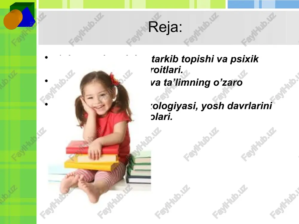 i mashq, miya to’zilishining organikjihatdan etilishiga yordam beradi. bolaning psixik rivojlanishini bolaning psixik rivojlanishini harakatlar keltiruvchi kuchlar murakkab va turli-tumandir. rivojlanishning mohiyatini qarama-qarshiliklar ko’rashidan, ichki ziddiyatlar bolaning, psixik rivojlanishini bevosita harakatta keltiruvchi kuchlar, ta’lim va tarbiya jarayonida yuzaga keladigan hamda bartaraf qilinadigan eskilik va yangilik o’rtasidagi qarama-qarshiliklardan iboratdir. bunday ziddiyatlarga, masalan, faoliyat tomonidan yuzaga keladigan yangi ehtiyojlar bilan ularni qondirish imkoniyatlari o’rtasidagi ziddiyatlar; bolaning o’sib borayotgan jismoniy va ruhni imkoniyatlari bilan esa, tarkib topgan o’zaro munosabat shakllari va faoliyat turlari o’rtasidagi ziddiyatlar; jamiyat, jamoa, katta odamlar tomonidan kundan-kunga ortib borayotgan talablar bilan psixik taraqqiyotning mazkur darajasi o’rtasidagi ziddiyatlar qiradi. rivojlanish faqat sof miqdor o’zgarishlari jarayonidan, ya’ni qandaydir psixik hodisalarning, xususiyat va sifatlarning kupayishi yoki kamayishidan iborat bo’lib qolmay, balki sifat jihatdan yangi xususiyatlarning, ya’ni yangidan hosil qilingan sifatlarning paydo bo’lishi bilan bog`likdir. psixologlar psixik rivojlanishning umumiy qonuniyatlari borlig ini qayd etib korsatmoqdalar. biroq muhit ta’siriga nisbatan bu qonuniyatlar ikkilamchidir, chunki …