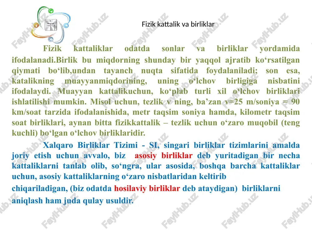 ligi — radian (rad), fazoviy burchak birligi — steradian (ster). xalqaro birliklar tizimi va uning kattaliklari. xatoliklar nazariyasi. har qanday fizik kattalikni qanchalik aniq o‘lchamaylik uning haqiqiy qiymatini topish mumkin emas. tajribada o‘lchangan qiymat faqat taqriban haqiqiy qiymatga teng. haqiqiy qiymat bilan o‘lchangan qiymat orasidagi farq (ayirma) o‘lchamning xatoligi deyladi. tajriba vaqtida olingan o‘lchamlarga qanday faktorlar va nima uchun farq qilishini va ular o‘lchamini aniqlash darajasiga qanchalik ta’sir ko‘rsatishini xatoliklar nazariyasi o‘rganadi. tajribalar o‘lchamiga bir qancha faktorlar ta’sir qiladi: foydalanadigan qurilmalarning sifati, temperatura, namlik, o‘lchash usuli, eksprementatorning shaxsiy xususiyatlari va h.k. yuqorida sanalgan faktorlar tajriba natijasiga salbiy ta’sir qiladi va haqiqiy qiymatni aniqlashni qiyinlashtiradi. hatto tajriba o‘tkazish sharoiti yaxshilanganda, aniq sezgir qurilmalardan foydalanilgan holda ham, ayrim xatodan holi bo‘lish qiyin. buning sababi turlicha bo‘lishi mumkin. xatoliklar nazariyasi. shtangensirkul shtangensirkul santimetr va millimetrlarda darajalangan, hamda bir tomoni qo‘zg‘almas oyoqchadan iborat bo‘lgan metall chizig‘chdir. chizg‘ich bo‘ylab suriluvchi ikkita oyoqcha, aniqroq o‘lchamlar uchun …