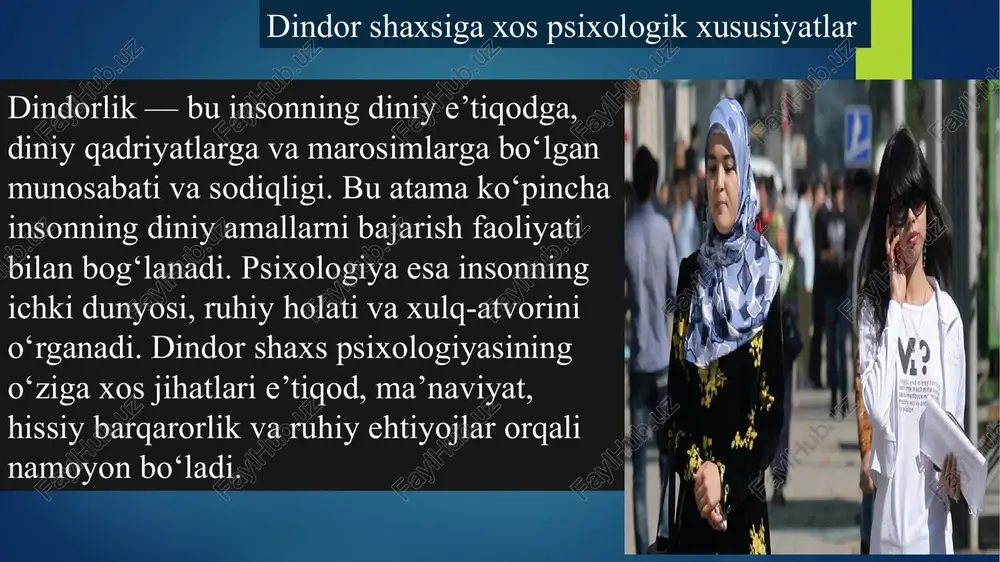 nadilar, bu esa yuridik holatini yaxshilaydi. diniy e'tiqod stressni va hayotga yuksalish munosabatini rivojlantiradi. dindor shaxslarning ijtimoiy munosabatlari dindor shaxslar ijtimoiy munosabatlarda diniy odamlarni oladilar. ular o'z jamoalarida axloqiy va ijtimoiy mas'uliyatni his qiladilar. dindorlarning ijtimoiy doiralari ko'pincha diniy tashkilotlar atrofida shakllanadi. dindorlik, birgalikda, insonlar o'rtasida mehr-oqibat va hamdardlikni ta'minlash. dindor shaxslarning diniy marosimlari diniy marosimlar: odamlarning hayotining ajralmas qismidir. ular ibodat, taqvo va boshqa diniy faoliyatlarni o'z ichiga oladi. diniy marosimlar shaxsiyning ruhiyatiga ta'sir ko'rsatadi. dindor shaxslar uchun bu marosimlar ruhiy qoniqish va ahillikni ta'minlash. dindorlikning stressga ta'siri dindor shaxslar stress va yordam berishda diniy etiqodlariga suyanadilar. diniy marosimlar va ibodatlar stressini pasaytiradi va ruhiy holatni yaxshilaydi. dindorlik ko'plab insonlarda ekzistensial odamlarga hal qilishda yordam beradi. diniy e'tiqodlar, ruhiy salomatlikni saqlashda va amalga oshirishda muhim rol o'ynaydi. dindor shaxslarning hayot ma'nosi dindor shaxslar o'z hayotlarini diniy e'tiqodlari bilan bog'laydilar. ular ma'nosini e'tiqodlarida, axloqiy hayot qadriyatlarida va jamoaviy hayotda topadilar. …
