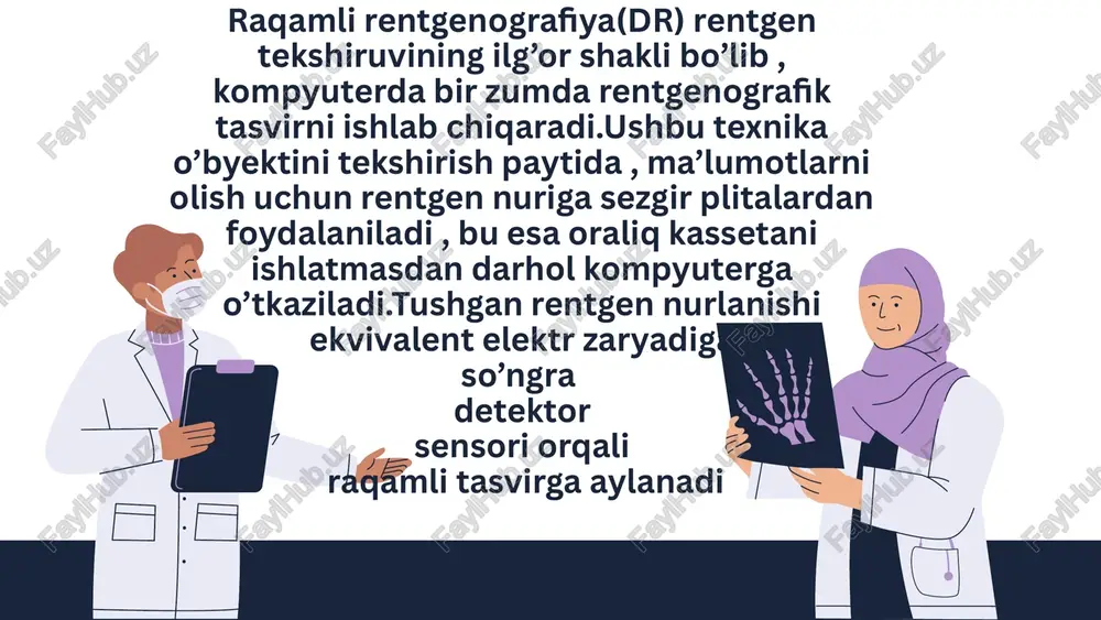 mli rentgenografiya (dr) tizimi asosan rentgen nurlarini ishlab chiqaruvchi qurilma, tekis panelli detektor, tizim boshqaruvchisi, tasvirni ko'rsatish, tasvirni qayta ishlash ish stantsiyasi va boshqa qismlarni o'z ichiga oladi. boshqa tasvirlash qurilmalari bilan solishtirganda, raqamli detektor massivlari (dda) deb ham ataladigan tekis panelli detektorlar yuqori sifatli raqamli tasvirlarni ta’minlaydi ular signal-shovqin nisbati va yaxshillangan dinamik diapazonga ega bo’lishi mumkin, bu esa, o’z navbatida, radiografik ilovalar uchun yuqori sezgirlikni ta’minlaydi. tibbiyot texnologiyalarida yutuqlar an'anaviy rentgen nurlari bilan taqqoslaganda, dr aniqlash raqamli tizimni taqdim etadi. dr tasviri an'anaviy rentgenografiyaga qaraganda yaxshiroq. chiziqli varaq tasvirlari yuqori aniqlik va ravshanlikka ega. raqamli rentgenografiyaning asosiy afzalligi tasvir sifatining juda yuqoriligidir. qayta ishlash va tashxis qo'yish tezligi ham sezilarli darajada yuqori. bundan tashqari, uzoqdan ko'rish mumkin va agar xohlasangiz, bemor boshqa joyga olib borishi uchun tasvirlarni raqamli ravishda saqlash mumkin. 100% rentgen detektori tizimlari samaradorligi ular fotonlarni qanchalik yaxshi qabul qilishlari va aniqlangan signalga qancha shovqin qo'shilishi …