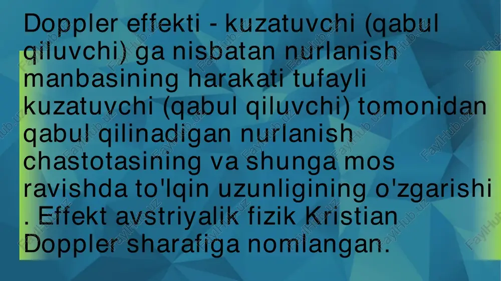 lganligi sababli, uni tovush uchun kuzatish juda oson. ovoz tebranishlarining chastotasi quloq tomonidan tovush balandligi sifatida qabul qilinadi. tez harakatlanuvchi mashina yoki poezd sizning yoningizdan o'tib, ovoz chiqaradigan, masalan, sirena yoki shunchaki ovozli signal beradigan vaziyatni kutish kerak mashina sizga yaqinlashganda, ovoz balandligi balandroq bo'lishini, keyin mashina sizga yaqin bo'lganda, u keskin pasayib ketishini, keyin esa uzoqlashayotganda mashina pastroq notada signal berishini eshitasiz. thanks
