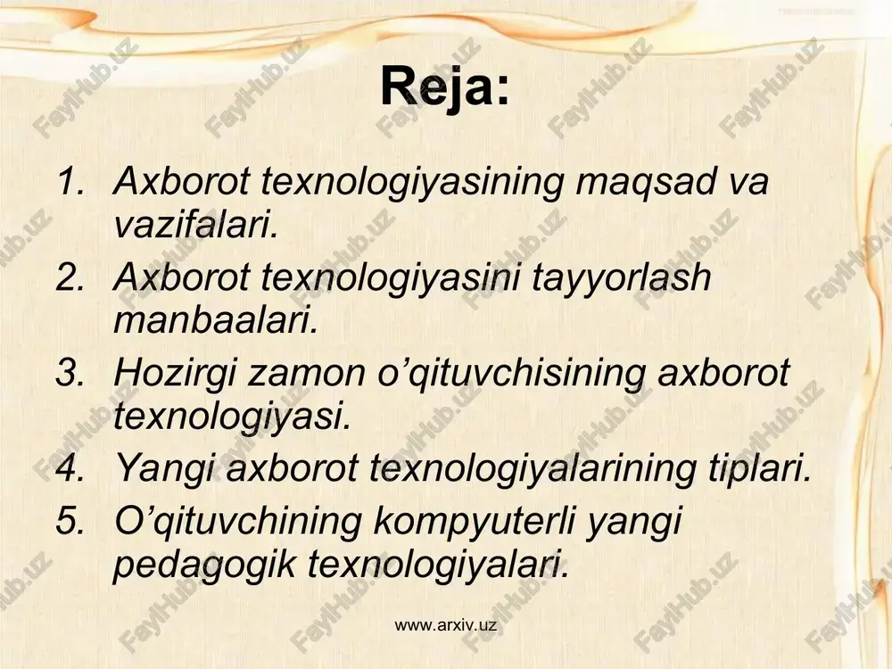 iya, ta’lim standartlari, ular asosida tayyorlanayotgan darsliklar va qo’llanmalar o’zining mazmun-mohiyati bilan yoshlarning ana shunday mustaqil fikrli qilib tarbiyalashga qaratilgan. shu nuqtai nazardan «ta’lim to’g’risida»gi qonunning yangilanishi tabiiy hol. lekin mazkur qonunni oldingi qonundan farqli ravishda yana bir muhim hujjat «kadrlar tayyorlash milliy dasturi» bilan birgalikda qabul qilinishi uning ahamiyatini yana ham takomillashtirib yubordi. chunki milliy dasturda ta’lim tizimimiz erishgan muvaffaqiyatlar, hal etilgan muammolar, ta’limni isloh qilishni unda ko’zda tutilgan barcha maqsad va vazifalarni amalga oshirish axborot berilgan. www.arxiv.uz www.arxiv.uz www.arxiv.uz www.arxiv.uz axborot texnologiyalari va ularning ta’limda qo’llash. «axborot texnologiyasi» haqida tushunchalarni oydinlashtirish uchun quyidagi misolga murojaat qilaylik: respublikamizda har kuni yuzlab ro’znomalar chop etiladi. har qanday ro’znomalarni tayyorlanishi eng avvalo turli manbalardan (malliflardan, axborot agentliklaridan) olingan axborotlarni saralash va tahlil etish chiqishdan boshlanadi. mazkur jarayon natijasida tanlangan materiallar tahlil uchun muharrirga beriladi. ular chop etishga tayyor bo’lgach, ro’znomalarni sahifalarga joylashtirish maqsadida yana bir bor ko’rib chiqiladi va har bir …