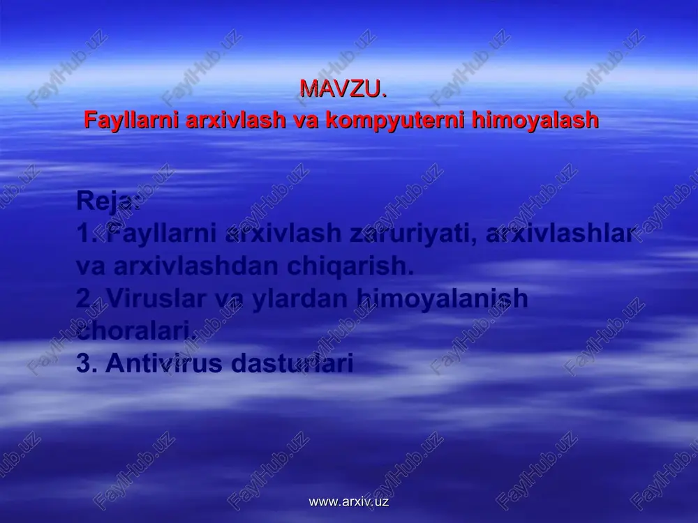 fayllar nomi, fayl joylashgan katalog nomi, oxirgi o`zgartirish faqat va sanasi, faylning diskdagi va arxivdagi xajmi va tekshirish kodi xaqidagi ma`lumot beriladi. www.arxiv.uz www.arxiv.uz pkzip/pkunzip va arj dasturlari pkzip/pkunzip, arj dasturlari fayllarni arxivlashtirish va ularni arxivdan qayta tiklash vazifalarini bajaradi. arxiv fayllarini saqlash uchun matnli axborot uchun 60-70% joy, bajariluvchi fayllar uchun 20-30% joy tejaladi. siqishtirilishi fayl nomi qarshisida ko`rsatiladi. bu dasturlar arxiv fayl tashkil etish, qayta tiklash yangi fayllarini arxivga qo`shish, fayllarni yangi turlariga almashtirish, arxivdvn fayllarni o`chirish va fayllar ro`yxatini chiqarish imkoniyatlariga ega. arj dasturi bir necha bobli arxivlar tashkil kila oladi. bu katta xajmdagi dasturlarni disketlarga arxivlashda qulaydir. pkzip dastursi. zip,arl esa. arj kengaytgichiga ega. www.arxiv.uz www.arxiv.uz misollar . 1) pkzip myzip-myzip. arxivlash joriy katalogdagi hamma fayllarni qo`shish. 2) arj a myarg- myarj.arj fayliga joriy katalogdagi hamma fayllarni qo`shish 3) pkzip dokfiles *dos-dokfiles.dos arxiv fayliga joriy katolkdagi va a:diskdagi hamma kengaytirilmasi .dos bo`lgan fayllarni qo`shish. arj a …