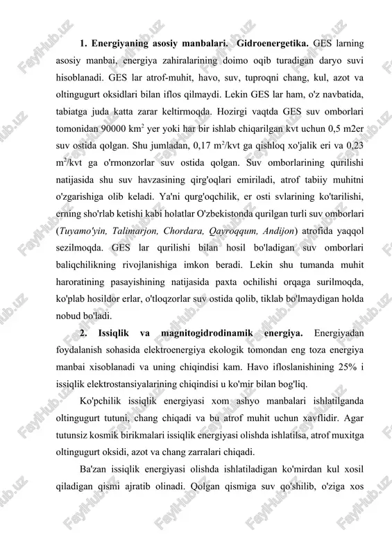 iqlik energiyasi olishda ishlatilsa, atrof muxitga oltingugurt oksidi, azot va chang zarralari chiqadi. ba'zan issiqlik energiyasi olishda ishlatiladigan ko'mirdan kul xosil qiladigan qismi ajratib olinadi. qolgan qismiga suv qo'shilib, o'ziga xos qorishma hosil qilinib, unga maxsus kimyoviy reagentlar qo'shiladi va keyin yoqilg'i sifatida ishlatiladi. bu jarayon natijasida ko'mirning 4-5 ming t qoldig'idan yuzlab gektar maydon, ko'mirni ho'llash uchun ishlatildigan 500-600 ming m3 iflos suv esa atrof muhitni buzadi. masalan ukrainada 1 t ko'mir olishda 0,15-0,75 t qoldiq, 1,5-12 m3 suv sarflanadi va ular iflos chiqindi sifatida atrof-muhitga tashlanadi. undan tashqari 1 t neft olish uchun 5 t ko'mir va 2-3 t toshko'mir ishlatiladi. o'zbekistonning angren va kuzbassning janubiy-abinsk ko'mir konlarida ko'mirni er ostida yoqib gazga aylantirish yo'li bilan 250 ming kvt kuchga ega bug' gaz qurilmalari qurilgan. bunday jarayonda ko'mir gazga aylanadi va gaz, bug' turbinalari yordamida elektroenergiya vujudga keladi. bunday elektrostansiyalarning kuchi 100 mvt ga teng bo'lib, juda kam …