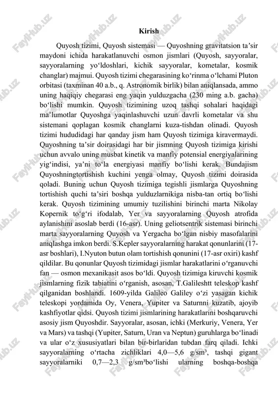 nuvchi fan — osmon mexanikasit asos boʻldi. quyosh tizimiga kiruvchi kosmik jismlarning fizik tabiatini oʻrganish, asosan, t.galileshtt teleskop kashf qilganidan boshlandi. 1609-yilda galileo galiley oʻzi yasagan kichik teleskopi yordamida oy, venera, yupiter va saturnni kuzatib, ajoyib kashfiyotlar qidsi. quyosh tizimi jismlarining harakatlarini boshqaruvchi asosiy jism quyoshdir. sayyoralar, asosan, ichki (merkuriy, venera, yer va mars) va tashqi (yupiter, saturn, uran va neptun) guruhlarga boʻlinadi va ular oʻz xususiyatlari bilan bir-birlaridan tubdan farq qiladi. ichki sayyoralarning oʻrtacha zichliklari 4,0—5,6 g/sm³, tashqi gigant sayyoralarniki 0,7—2,3 g/sm³boʻlishi ularning boshqa-boshqa moddalardan tashkil topganligini bildiradi. venera, mars, merkuriy va yupiter atmosferalari tekshirilganda ichki sayyoralar atmosferalari tashqilari-nikiga qaraganda ancha siyrak ekanligi maʼlum boʻldi. venerada s02dan ibo-rat juda zich (sathiga yaqin joyda yer sathidagidan 60 marta zich) atmosfera mavjud. mars atmosferasi ham, qisman, s02dan iborat. tashqi sayyo-ralar atmosferasi juda qalin va zich boʻlib, asosan, metan, ammiak va vodoroddan iborat. gigant sayyoralar ichki sayyoralarga qaraganda oʻz oʻqlari atrofida juda …