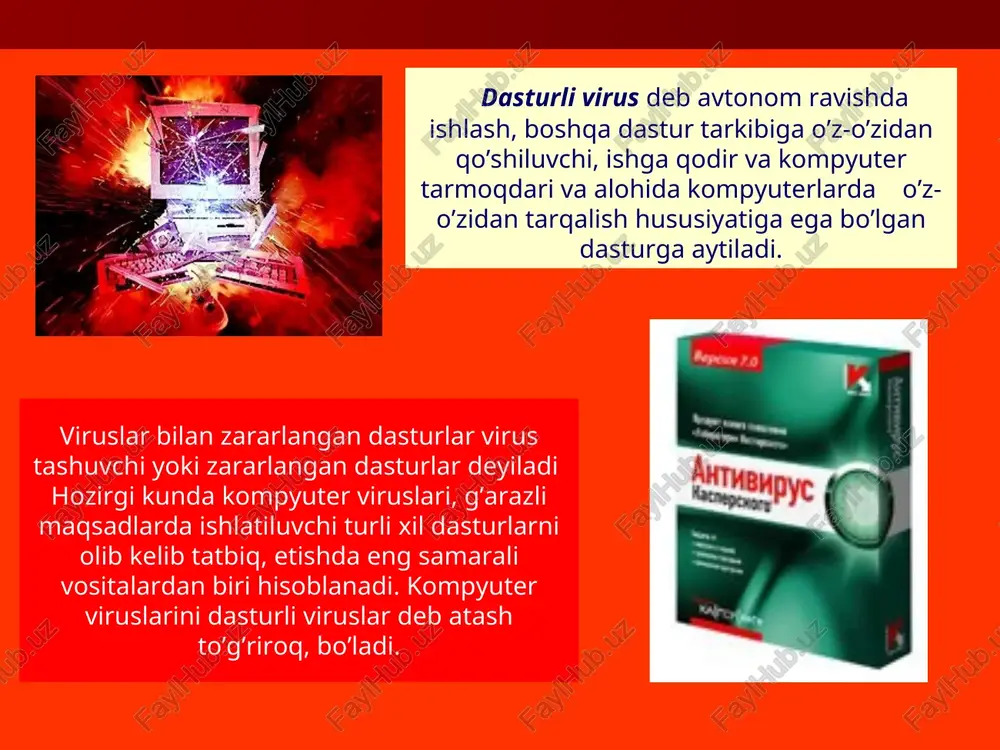 uning yaratilgan vaqti o’zgaradi ekranda anglab bo’lmaydigan belgilar, turli xil tasvir va tovushlar paydo bo’ladi; kompyuterning ishlashi sekinlashadi va tezkor xotiradagi bo’sh joy xajmi kamayadi; disk yoki diskdagi bir necha fayllar zararlanadi (ba'zi xollarda disk va fayllarni tiklab bulmaydi); vinchester orqali kompyuterning ishga tushishi yo’qoladi oddiy matnli fayllarni zararlaydigan viruslar kamdan-kam uchraydi. tezkor hotira qurilmasida ko’payuvchi. operatorni ta’sirlantiruvchi tarmaq, viruslar operatorni ta’sirlantituvchi qurilmalarni ishdan chiqaruvchi terminalda xabar chiqaruvchi tovushli effektlarni hosil qiluvchi ish tartibini o’zgartiruvchi - protsessor klaviatura - xotira -matnli -ohang -md, vinchestor -displey - printer - grafikli - nutq sintezi - port ps-232 - printer displey -maxsus effektlar - klaviatura - port ps-232 kompyuterning viruslar bilan zararlanish yo’llari quyidagilardir: kompyuter tarmoqdari orqali. disketlar orqali. fayl tarkibini buzuvchi viruslar. foydalanuvchining ma’lumotlar va dasturlarini buzuvchi tizim ma’lumotlarini buzuvchi dasturlarni buzuvchi ma’lumotlarni bizuvchi disk sohasini buzuvchi formatlash tezkor tizim fayllarini buzuvchi dasturlarning boshlang’ich yozuvlarini buzuvchi ma’lumotlar bazalarini buzuvchi diskning mantiqiy tarkibini …