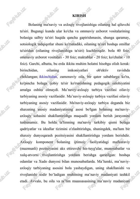 ga olishga majbur. bolaning ichki dunyosini shakllantirishda oila va bog‘chada, maktabda, bolalar uyushmasida, ota-onalar va o‘qituvchilar yashaydigan ruh – bevosita ijtimoiy muhitni tashkil etuvchi odamlarda hukmronlik qiladigan ruh hal qiluvchi bo‘lib chiqadi. ma'naviy-axloqiy tarbiya asosiy (aslida insoniy) qobiliyatlarni rivojlantirish sifatida: axloqiy - yaxshi va yomonni farqlashdan iborat; estetik - go'zal va xunukni farqlashdan iborat; diniy - haqiqat va yolg'onni farqlashdan iborat - bu nafaqat asosiy vazifa (ko'pincha amalga oshirib bo'lmaydigan yoki zamonaviy oila tomonidan o'z-o'zidan amalga oshiriladi), balki oilada kattalar va bolalar, bolalar jamoasidagi bolalar o'rtasidagi tarqoqlikni bartaraf etish vositasidir. oila va ta'lim muassasasi o'rtasida, shaxs (ham kichik bola, ham kattalar; bola, ota-ona, os o'qituvchisi) va an'anaviy madaniyat o'rtasida. bolalarni ma'naviy-axloqiy tarbiyalashdagi qiyinchiliklar. toki mana shunday tarqoqlik bartaraf etilmaguncha, oilada ma’naviy jamiyatga erishilmaguncha, ta’lim muassasalari bu muammoni o‘z darajasida hal etish yo‘llarini topsalar ham, bolalarni ma’naviy-axloqiy tarbiyalashda ko‘p ish qilish mumkin emas. 1928 yilda protopresbyter vasiliy vasilyevich zenkovskiy yozgan ediki, …