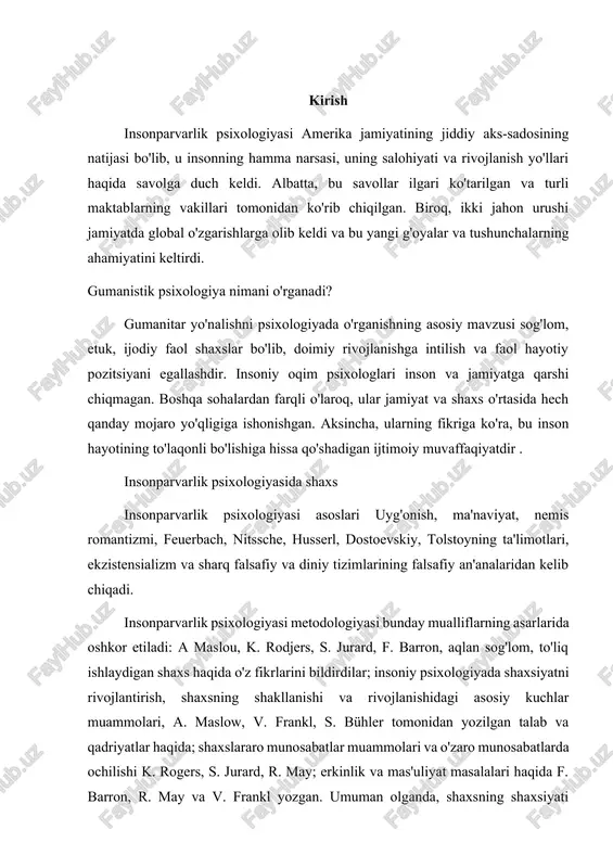 urard, r. may; erkinlik va mas'uliyat masalalari haqida f. barron, r. may va v. frankl yozgan. umuman olganda, shaxsning shaxsiyati shunday jihatlarda ko'rib chiqiladi: inson inson emas, balki butun inson emas; har bir inson noyobdir, shuning uchun har bir alohida holatni o'ziga xosligi nuqtai nazaridan yondashish ko'proq o'rinlidir. ushbu vakillik asosida, statistik umumlashma mantiqiy emas; inson hayoti inson bo'lish va inson bo'lishning yagona jarayoni; inson rivojlanishga muhtoj bo'lgan faol odam; asosiy psixologik haqiqat inson tajribasi; inson o'z me'yorlari va qadriyatlari bilan boshqarilishi mumkin, bu esa unga ma'lum darajada tashqi sabablardan mustaqil bo'lishga yordam beradi. gumanistik psixologiya usullari insonparvarlik psixologiyasi keng tarqaldi, bu esa ushbu yo'nalishga mos usullarning kengayishiga olib keldi. eng mashxur usullardan biri:badiiy terapiya - chizish, musiqa, harakat orqali o'z-o'zini anglash; i.shultz usulida avtomatlashtirilgan o'qitish - o'zingizga suyanish, o'zingizning ichki narsangiz bilan aloqa qilish; c.simonton tomonidan vizualizatsiya - istaklarni anglash, maqsadlarni yaratish; meditatsiya, yoga, hasa yoga, tayjiqan, tantrizm va …