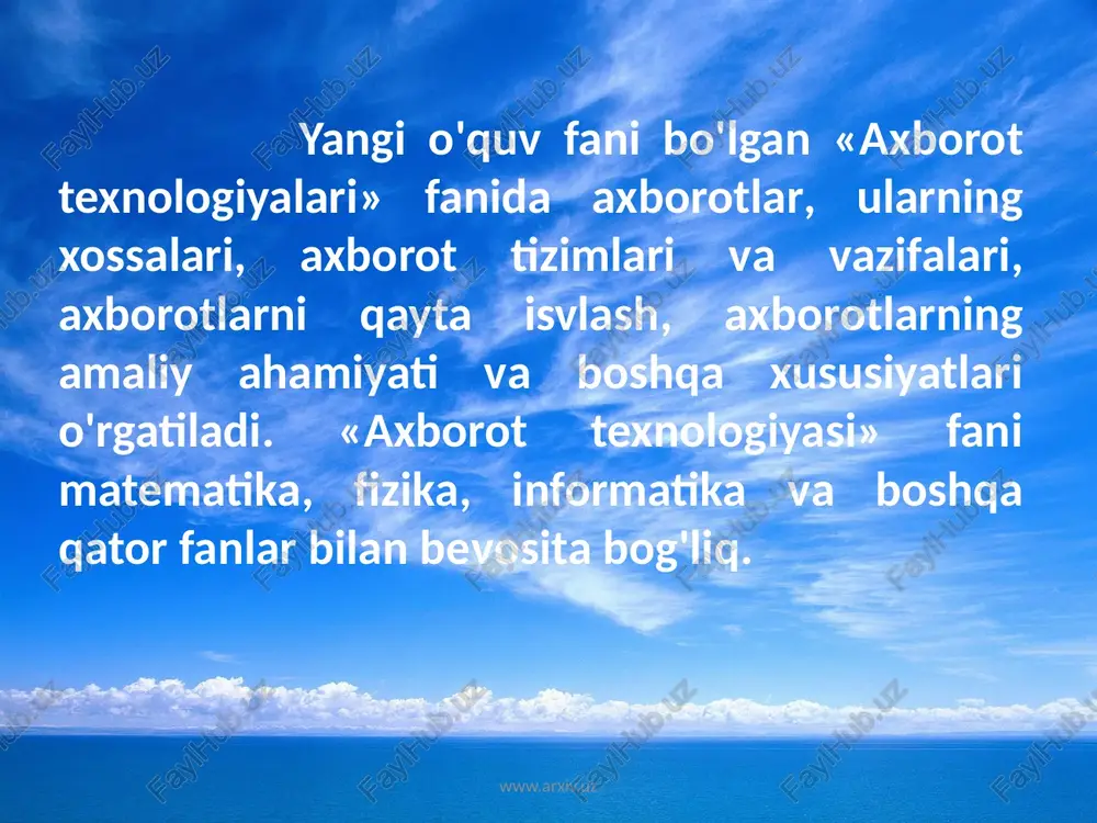 iqtisodiyoti sharoitida, albatta, biror yumushni bajarishdan oldin uni amalga oshirish uchun ketadigan mablag'larni chamalab ko'rishingiz lozim, aks holda uni amalga oshira o1mas1igingiz mumkin. albatta, yuqorida ko'rsatilgan usullardan foydalanish uzatilayotgan axborot mazmuni va mohiyatiga bog'liq. pirovardida, o'zingiz uchun iqtisodiy jihatdan eng arzon (hech bo'lmaganda arzonrog'i) va sifati yuqori bo'lgan usulni belgilab olasiz. www.arxiv.uz axborotni uzatish usullariga kelsak, 1- va 2-bandda ko'rsatilgan usullar bilan yoshligingizdayoq tanishib olgansiz va undan foydalanishni yaxshi bilasiz. zamonayiy telekommunikatsiya vositalaridan foydalanish esa ular bilan muloqot ko'nikma va malakalariga bog'liq. shuning uchun dastlab zamonaviy telekommunikatsiya vositalarining o'zi nimaligini bilib olishingiz kerak. www.arxiv.uz zamonaviy telekommunikatsiya vositalari imkoniyatlari juda keng tizim bo'lib, unga informatika va hisoblash texnikasi asoslari fanidan ma'lum bo'lgan kompyuter, multimedia vositalari, kompyuter tarmoqlari, internet, intranet kabi tushunchalardan tashqari qator yangi tushunchalar ham kiradi. bularga axborot tizimlari, axborot tizimlarini boshqarish, axborotlarni uzatish tizimlari, ma'lumotlar ombori, ma'lumotlar omborini boshqarish tizimi, bilimlar ombori kabilar kiradi. www.arxiv.uz hozirgi kunda har bir …