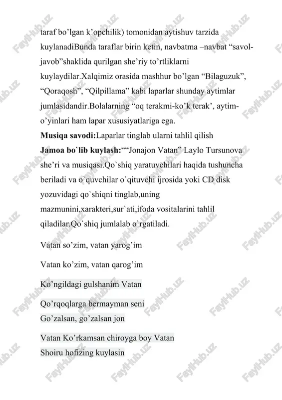 n yuksalib tog’lardan o’sgaysan har yomonning yo’lin to’sgaysan endi faqat, endi faqat gul vatanim unib o’sgaysan yovuzlarga bermayman seni.. musiqa tinglash : “bilaguzuk”, ‘savol javob” o`zbek xalq qo`shiqlari ijodiy faoliyat : qo`shiqqa mos ritmik va raqs harakatlar bajarish mustahkamlash:. dars davomida o`tilganlarni yakunlash, umumlashtirish “musiqali viktorina” metodi orqali mustahkamlash baholash: faol qatnashgan o`quvchilarni rag`batlantirish, baholash. uyga vazifa:“bizdan sizga kim kerak” qo’shig’ini yod olish