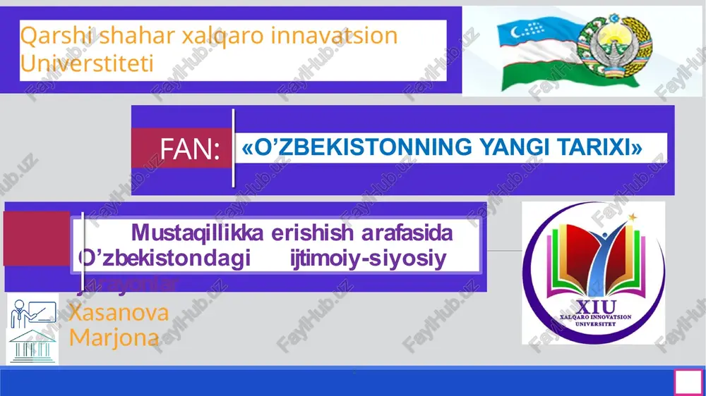g'ona fojeasi yuz berdi. milliy o'zlikni anglash boshlandi.o'zbek tiliga davlat tili maqomini berilishi, paxta yakkahokimligini tugatilishi, ekologik holatni sog'lomlash- tirishni o'zbekistonda dolzarb masala sifatida ko'tarildi. 1 iqtisodiyotga rahbarlik qilishning ma’muriy-buyruqbozlik usullariga zo’r berilib, ishlab chiqaruvchi kuchlarni rivojlantirishga yaroqsiz yondoshuvlarning tobora kuchayib borishi; 2 respublika sobiq markazdagi sanoat vazirliklari va idoralarining mo’may xom asgyo manbai sifatida qarab kelinishi; 3 o’lkaning mahalliy, ijtimoiy-iqtisodiy xususiyatlariga ba’zan yetarlicha, ba’zan mutlaqo baho berilmagani, ba’zan esa bu xususiyatlarning pisand ham qilinmagani; 4 iqtisodiy va ijtimoiy sohani kompleks, jadal rivojlantirishning, umumittifoq mehnat taqsimotida o’zbekistonning mavqei va o’rnini o’zgartirishning muqobil yo’llari e’tiborga olinmagani. 6 o’zbekistonda og’ir axvolning vujudga kelish sabablari 7 qayta qurishning 1-bosqichi (1985-1987-yillar) 1 ma’muriy-tashkiliy tadbirlar avvalgidek buyruqbozlik asosida olib borildi 2 bu bosqichdagi vazifa – ilmiy texnika taraqqiyoti yutuqlarini ishlab chiqarishga jalb etish asosida jamiyatda tub iqtisodiy taraqqiyotni jadallashtirish va uning asnosida inson omilini faollashtirish edi 3 qayta qurishning dastlabki davrlarida asosiy e’tibor iqtisodiyotni rivojlantirishga …