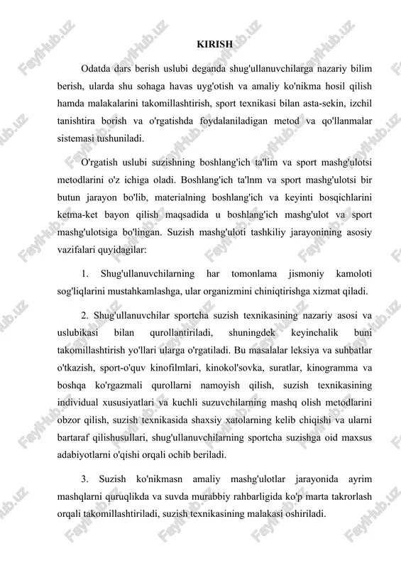 suzish tayyorgarligi va hamma suzish usullari texnikasi mukammal o'zlashtirilgandan keyin shug'ullanuvchilarning u yoki bu suzish turiga moyilligi aniqlanadi. shug'ullanuvchilarga tanlangan sportcha suzish turi bo'yicha mahoratlarini oshirishlari uchun kerakli sharoit yaratib beriladi. bu vazifalarning hal etilishi sog'liqni mustahkamlash va organizmni chiniqtirish, har tomonlama jismoniy rivojlanish va umumiy ish qobiliyatini yaxshilash, sportcha suzish texnikasi asoslari bilan to'g'ri tanishish, shug'ullanuvchilarda axloq va iroda xususiyatlarini tarbiyalashga yordam beradi. sportda yuqori natijalarga erishish maqsadida tanlangan suzish turi bo'yicha sport mahorati muntazam oshirib boriladi. bu masalalar rejali, ko'p yillik mashg'ulotlar asosida umumiy va jismoniy tayyorgarlik saviyasini oshirish yo'li bilan hozirgi zamon sport texnikasi va taktikasining ilg'or yutuqlarini qo'llash, suzuvchilarda axloqiy va irodalilik xususiyatlarini tarbiyalash orqali hal etiladi. suzishga o'rgatishning boshlang'ich uslubiyasi jismoniy tarbiyaning umumiy vazifalariga bo'ysundirilgan bo'lib, u dialektik materializm, sovet pedagogikasi didaktik prinsiplari va harakatning ko'nikma hamda malakalarini takomillashtirish asosida qo'llaniladi. butun jarayon-suzishga o'rgatish va uni mukammal bilish jismoniy tarbiyaning asosiy maqsadi har tomonlama kamolotga …