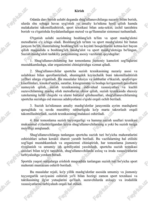shug'ullanuvchilarning u yoki bu suzish turiga moyilligi aniqlanadi. shug'ullanuvchilarga tanlangan sportcha suzish turi bo'yicha mahoratlarini oshirishlari uchun kerakli sharoit yaratib beriladi. bu vazifalarning hal etilishi sog'liqni mustahkamlash va organizmni chiniqtirish, har tomonlama jismoniy rivojlanish va umumiy ish qobiliyatini yaxshilash, sportcha suzish texnikasi asoslari bilan to'g'ri tanishish, shug'ullanuvchilarda axloq va iroda xususiyatlarini tarbiyalashga yordam beradi. sportda yuqori natijalarga erishish maqsadida tanlangan suzish turi bo'yicha sport mahorati muntazam oshirib boriladi. bu masalalar rejali, ko'p yillik mashg'ulotlar asosida umumiy va jismoniy tayyorgarlik saviyasini oshirish yo'li bilan hozirgi zamon sport texnikasi va taktikasining ilg'or yutuqlarini qo'llash, suzuvchilarda axloqiy va irodalilik xususiyatlarini tarbiyalash orqali hal etiladi. suzishga o'rgatishning boshlang'ich uslubiyasi jismoniy tarbiyaning umumiy vazifalariga bo'ysundirilgan bo'lib, u dialektik materializm, sovet pedagogikasi didaktik prinsiplari va harakatning ko'nikma hamda malakalarini takomillashtirish asosida qo'llaniladi. butun jarayon-suzishga o'rgatish va uni mukammal bilish jismoniy tarbiyaning asosiy maqsadi har tomonlama kamolotga erishgan, sog'lom, jasur, ahloqan pok kommunizmning aktiv quruvchilarini, sosialistik vatan …