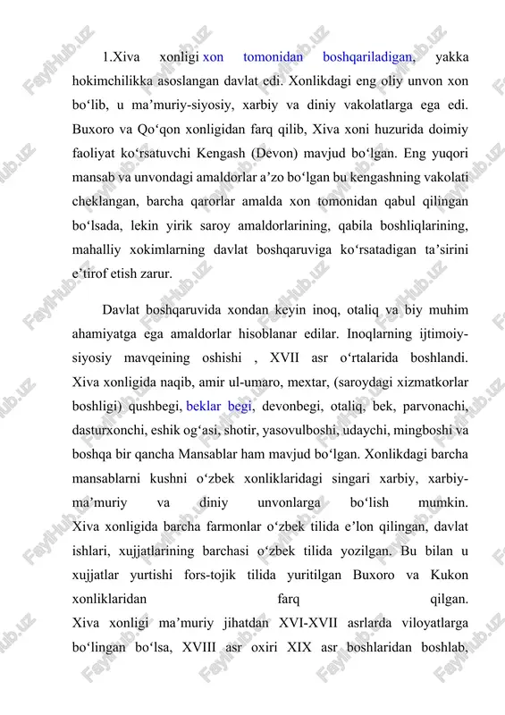 artaraf qilish uchun davlat boshqaruvi boʻyicha islohotlar oʻtkazdi. amudaryo quyi qismida yashayotgan barcha axoli toʻrt guruhga (toʻpga) - uygur-nayman, qoʻngʻirot-qiyot, nukus-mangʻit va qangʻli-qipchoqga boʻlindi. har toʻpga alohida hudud, sugʻoriladigan ariq va kanallar aniqlab berildi. har bir toʻpdan 4 ta dan, yaʼni har bir qabila ittifoqidan bitta namoyanda davlat boshqaruvi va maʼmuriy ishlarga jalb qilindi. davlat boshqaruv tizimi ham oʻzgartirildi. oʻzbek zodagonlaridan 360 nafar kishi turli davlat mansablari va amallariga tayinlandi. qabila boshliqlaridan 30 nafar kishi xon noibligi va yordamchiligiga jalb qilindi va ularga turli unvon va vazifalar berildi. inoqlar mavqeining oshib borishi ham shu davrga toʻgʻri keladi. yakka xokimlikka asoslangan xon hokimiyati va uning ayonlari katta ijtimoiy huquqlarga ega edi. lekin bu mustaxkam qonunlar bilan kafolatlanmagan boʻlib, xokimiyatga, yaʼni cheklanmagan ijtimoiy huquqlarga ega boʻlishga intiluvchi kuchlar tomonidan doimiy ravishda xon hokimiyatiga katta xavf mavjud edi. 2. qoʻqon xonligi oʻrta osiyoning katta hududini egallagan davlat edi. uning shimoliy chegaralari xix asr …
