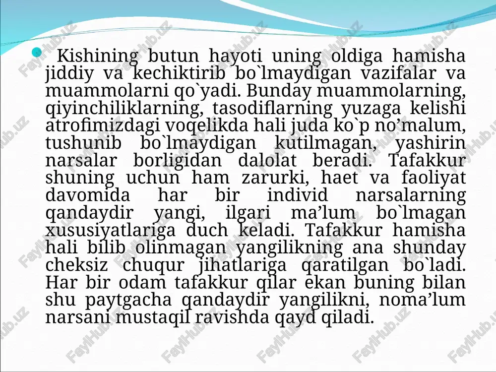 savvurlarning bilish bilan bog`liq bo`lgan ishlarni davom ettiradi va rivojlantiradi hamda ularning chegaralaridan tashqariga chiqib ketadi. tafakkur qilishimizni ta’minlovchi organ – bu bizning miyamiz. kallamizga kelgan barcha o’y-xayollar – bu fikrlardir. 1. analiz-yunoncha parchalash, bo`lish, tahlil qilish narsa va hodisalarni fikran tarkibiy qismlarga ajratishdan iborat aqliy jarayon. masalan: psixologiyada ong hodisasi analiz qilinar ekan, u aql iroda, hissiyot deb uch qismga ajiratiladi. biror o`simlikni o`rganishda uning qismlarini ildizi, tanasi, shohi, bargi, guli, mevasi va hokazolarni qismlarga bo`lib o`rganiladi. 2. sintez-yunoncha qo`shish, birlashtirish, narsa va hodisalarning tarkibiy qismlari va sifat xususiyatlarini fikran yoki amaliy ravishda bir butun qilib qo`yishdan iborat aqliy jarayondir. masalan: narsa hodisalarning muhim belgilari qo`shilishidan yaxlit bir tushuncha hosil bo`ladi. harflardan bo`g`inlar, bo`g`inlardan so`zlar, so`zlardan gap, gapdan nutq hosil bo`ladi. 3. taqqoslash-narsa va hodisalarni bir-bir solishtirish, ular o`rtasidagi o`xshashlik, farq, tenglik va qarama - qarshiliklarni topishdir. taqqoslash tafakkur jarayonlarida muhim ahamiyat kasb etadi. taqqoslash har qanday tushunish va …