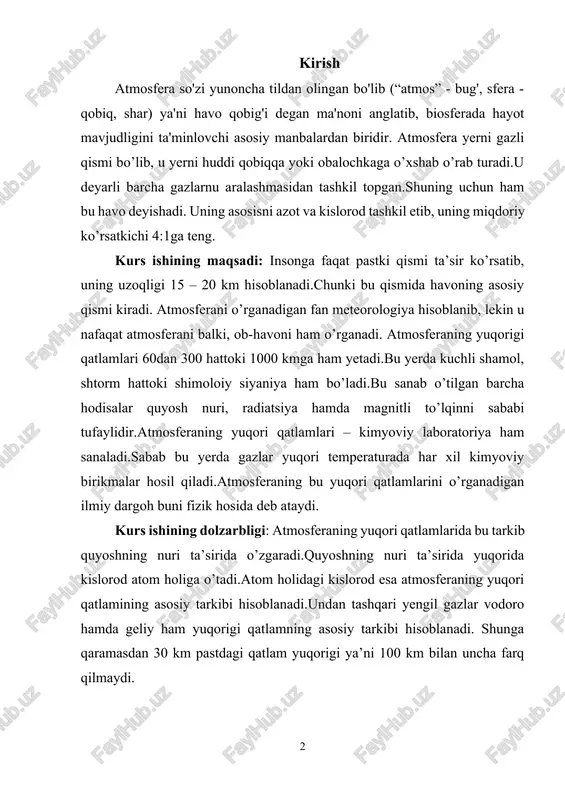 origi ya’ni 100 km bilan uncha farq qilmaydi. atmosferaning tarkibini ya’ni uning massasini, uni tashkil qiladigan elementlarni massasini bilish uchun unga konsentratsiya tushunchasi kiritiladi. i.bob. energiyaning asosiy manbalari. 1.1.issiqlik va magnitogidrodinamik energiya. ges larning asosiy manbai, energiya zahiralarining doimo oqib turadigan daryo suvi hisoblanadi. ges lar atrof-muhit, havo, suv, tuproqni chang, kul, azot va oltingugurt oksidlari bilan iflos qilmaydi. lekin ges lar ham, o'z navbatida, tabiatga juda katta zarar keltirmoqda. hozirgi vaqtda ges suv omborlari tomonidan 90000 km2 yer yoki har bir ishlab chiqarilgan kvt uchun 0,5 m2er suv ostida qolgan. shu jumladan, 0,17 m2/kvt ga qishloq xo'jalik eri va 0,23 m2/kvt ga o'rmonzorlar suv ostida qolgan. suv omborlarining qurilishi natijasida shu suv havzasining qirg'oqlari emiriladi, atrof tabiiy muhitni o'zgarishiga olib keladi. ya'ni qurg'oqchilik, er osti svlarining ko'tarilishi, erning sho'rlab ketishi kabi holatlar o'zbekistonda qurilgan turli suv omborlari (tuyamo'yin, talimarjon, chordara, qayroqqum, andijon) atrofida yaqqol sezilmoqda. ges lar qurilishi bilan …