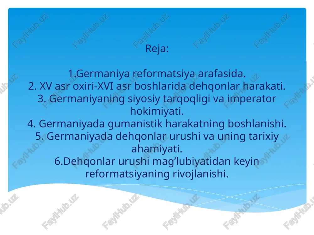i. siyosiy jihatdan tarqoq bo’lsada, xvi asrda mamlakat xo’jaligi ancha o’sdi. jumladan, germaniya tog’-kon sanoatida bu davrda 100 ming kishi ishlaganligi fikrimizga dalil bo’la oladi. germaniyada konchilik, to’qimachilik, kitob bosish sohalarida manifakturalar vujudga kelib, kapitalistik manifakturalar ishlab chiqarish rivojlandi. qurol-yarog’ ishlab chiqarish bo’yicha reyn viloyati va yuqori dunay shaharlarida rivojlandi. to’qimachilik sanoatining turli sohalari; movut to’qish, zig’ir tola, shoyi to’qish va ip-gazlama sanoati ham shu viloyatlarda rivojlandi. g’arbda kyoln, vorms, aaxen shaharlari, janubda augsburg, nyurnberg, ulm shaharlari eng yirik sanoat markazlari edi. sanoatda sex tizimi ustunlik qilardi. xv asr oxiri- xvi asr boshlarida germaniya xalqaro savdo-sotiq ishlarida italiya, fransiya, niderlandiya, ang­liya, skandinaviya mamlakatlari, polsha va rossiya bilan savdo-sotiq olib bordi. germaniya umumevropa savdosida bog‘lovchi rolini bajarib, yevropaning janubini shimol bilan, janubi-g‘arbiy mamlakatlarni shimoli-sharqiy mamlakatlar bilan bog‘lardi. germaniyada eng ko’p sonli va asosan ekspluatatsiya qilinuvchi asosiy sinf dehqonlar edi. dehqonlar krepostnoylik zulmini boshidan kechirardilar. feodallar o’z daromadlarini oshirishga intilib, dehqonlar beradigan …