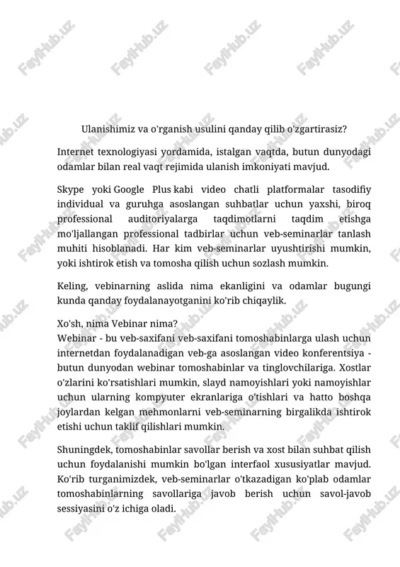 minarlarga mezbonlik qiladigan veb-sayt bo'lishi mumkin, u mahsulotni sotish uchun reklama taqdimot bo'lishi mumkin yoki u ikkalasi ham bo'lishi mumkin. webinarlar, shuningdek, boshqa mutaxassislar bilan jonli intervyular o'tkazish uchun foydali vositalar bo'lib, ular ko'pincha webinarlarda ishtirok etish uchun ko'proq odamlarni jalb qiladigan omillardir. muayyan mavzu haqida biror narsa o'rganishni istasangiz, veb-seminarlar mutaxassislarni o'rganish orqali o'z bilimlaringizni kengaytirishning eng yaxshi usullaridan biridir. webinarga sozlash xost ishlatadigan xizmatga bog'liq holda veb-saxifaga kirish uchun avval siz ilovani yuklab olishingiz kerak bo'lishi mumkin. ba'zi xostlar, shuningdek, taklifnoma e-pochtasidagi havolani bosish orqali sizning joyingizni zaxiralashni talab qiladi, ayniqsa, veb-seminerda cheklangan miqdordagi auditoriya joylari mavjud bo'lsa. ko'plab mehmonlar veb-seminarning jonli efirda bo'lishidan bir soat yoki bir necha daqiqa oldin kamida bitta eslatma xabarini yuboradi. ba'zi mezbonlar, xuddi shu vaqtning o'zida butun dunyo bo'ylab turli vaqt mintaqalarida bo'ladigan bo'lsa, katta auditoriyaga murojaat qilish uchun xuddi shu taqdimotning ikkita veb-saytiga mezbonlik qilishi mumkin. vaqtni belgilash vaqti kelganida, tomoshabinlar …