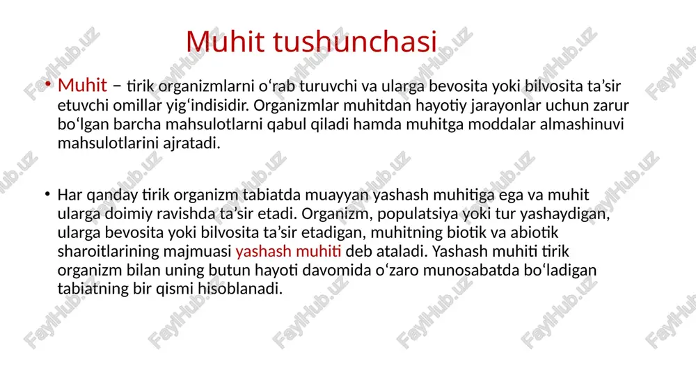 atijada yangi muhit sharoitiga moslashgan o‘simlik va hayvonlar paydo bo‘lgan. tirik organizmlarning hayotiy faoliyati natijasida tuproq shakllangan va ayrim organizmlar tuproqda hayot kechirishga moslashgan. suv muhiti suv muhiti. yer yuzida eng keng tarqalgan yashash muhiti hisoblanadi. suv muhitida yashovchi organizmlar gidrobiontlar (yunoncha «hydor» – suv, «bios» – hayot) deyiladi. o‘simliklarning suv muhitiga moslanishlari. suv muhitida o‘sadigan yuksak o‘simliklar gidrofitlar (yunoncha «hydor» – suv, «phyton» – o‘simlik) deyiladi. suvda o‘sadigan yuksak o‘simliklarda mexanik to‘qima, o‘tkazuvchi to‘qima va ildiz tizimi kuchsiz rivojlangan, ildizlarida tukchalar bo‘lmaydi. ba’zi o‘simliklarda ildiz bo‘lmaydi (elodeya). suvda kislorod miqdorining tanqisligiga moslashish mexanizmi sifatida o‘simlik organlarida havo bilan to‘lgan to‘qima – aerenxima rivojlangan. barg yaproqlari yupqa, ba’zi o‘simliklar (suv nilufari, suv yong‘og‘i) barglarining shakli havo va suv muhitida joylashganiga qarab farq qiladi. suv o‘simliklarining chang donachalari, mevasi va urug‘lari suv o‘tkazmaydigan qobiq bilan qoplangan va suv yordamida tarqaladi. hayvonlarning suv muhitiga moslanishlari suv muhitining hayvonot dunyosi o‘simliklar dunyosiga nisbatan …