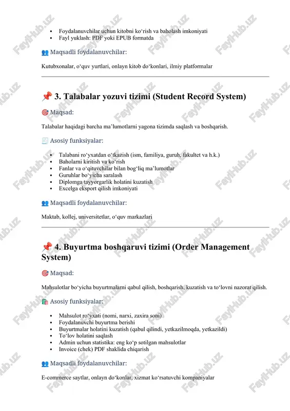 qilish imkoniyati 👥 maqsadli foydalanuvchilar: maktab, kollej, universitetlar, o‘quv markazlari 📌 4. buyurtma boshqaruvi tizimi (order management system) 🎯 maqsad: mahsulotlar bo‘yicha buyurtmalarni qabul qilish, boshqarish, kuzatish va to‘lovni nazorat qilish. 🛍 asosiy funksiyalar: · mahsulot ro‘yxati (nomi, narxi, zaxira soni) · foydalanuvchi buyurtma berishi · buyurtmalar holatini kuzatish (qabul qilindi, yetkazilmoqda, yetkazildi) · to‘lov holatini saqlash · admin uchun statistika: eng ko‘p sotilgan mahsulotlar · invoice (chek) pdf shaklida chiqarish 👥 maqsadli foydalanuvchilar: e-commerce saytlar, onlayn do‘konlar, xizmat ko‘rsatuvchi kompaniyalar 📋 1. talablar (requirements) talablar dasturiy ta'minot tizimi qanday ishlashi (nima qilishi) va qanday sharoitlarda ishlashi kerakligini aniqlab beradi. ✅ a. functional talablar (funktsional talablar) bu — tizim nima ishlarni bajarishi kerakligini bildiradi. ular foydalanuvchi va tizim o‘rtasidagi amaliy funksiyalarni ifodalaydi. 📌 misollar (siz bergan asosida): 1. foydalanuvchi ro‘yxatdan o‘tishi (create): · yangi foydalanuvchi ism, email, parol kabi ma’lumotlarni kiritib, tizimda ro‘yxatdan o‘tadi. 2. ro‘yxatdan o‘tgan foydalanuvchilarni ko‘rish (read): …