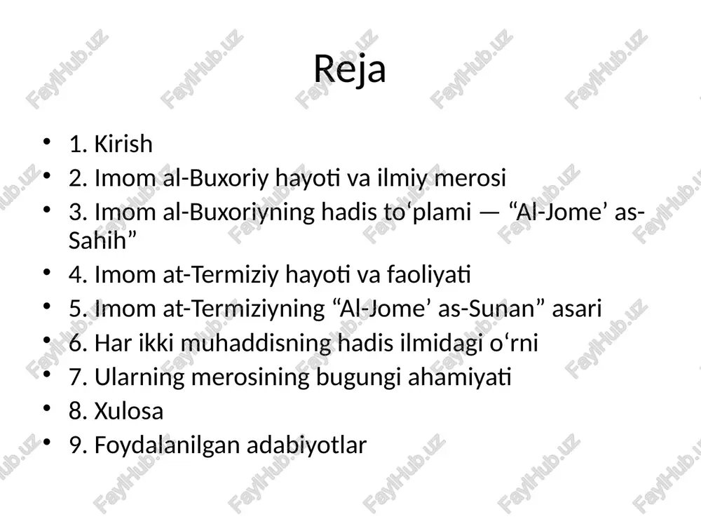 ham ma’lumotlar keltirilgan. buxoriy va termiziyning ilmiy bog‘liqligi imom buxoriy — ustoz, imom termiziy — shogird sifatida hadis ilmini bir-biridan o‘rganganlar. termiziy o‘z asarlarida ustozining metodologiyasini davom ettirgan. hadis ilmidagi hissalari ularning sa’y-harakatlari natijasida hadis ilmi mukammal tizimga keldi. islom fiqhida, aqidada va axloqiy masalalarda ularning hadis to‘plamlari asosiy manba bo‘lib xizmat qiladi. ularning ilmiy uslubi imom buxoriy hadisni qattiq isnod tekshiruvi orqali baholagan, imom termiziy esa hadisning mazmuniy jihatini ham chuqur tahlil qilgan. ularning merosining bugungi ahamiyati bugungi kunda ularning asarlari butun musulmon dunyosida o‘qiladi, o‘rganiladi va e’zozlanadi. hadis ilmining zamonaviy rivojlanishida ham ularning ta’siri katta. xulosa imom al-buxoriy va imom at-termiziy islom tarixida hadis ilmini mukammal shaklga keltirgan buyuk zotlardir. ularning ilmiy merosi bugungi kunda ham musulmon ummati uchun muhim yo‘l ko‘rsatkichdir. foydalanilgan adabiyotlar 1. imom al-buxoriy. “al-jome’ as-sahih”. 2. imom at-termiziy. “al-jome’ as-sunan”. 3. abduhakim sharafiddinov. “hadis ilmi va muhaddislar”. – toshkent, 2020. 4. islam.uz maqolalari to‘plami. …