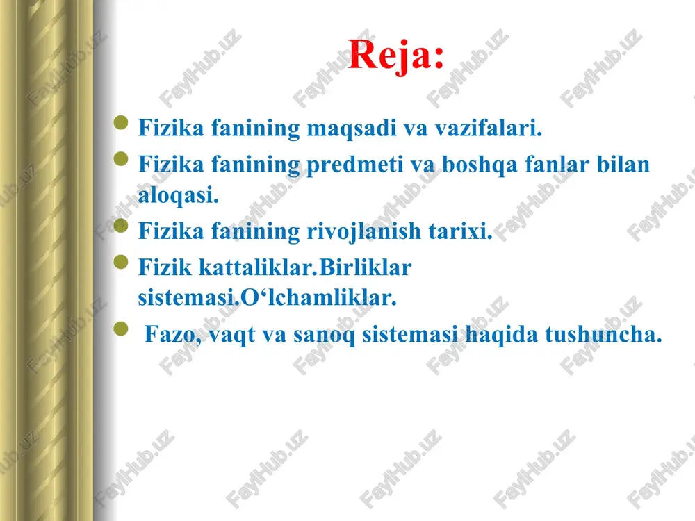tabiat falsafasi fanidan ajralib chiqqani kabi, fizika fani ham alohida fan sifatida ajralib chiqqan. shunday ekan fizika fani bilan boshqa tabiiy fanlar o`rtasida bog`lanish bor. fizika fani texnika fanlarining nazariy poydevorini tashkil qiladi. hozirgi kun fizikasi bir-biri bilan o`zaro bog`langan mexanika, molekulyar fizika va termodinamika, elektromagnetizm, tebranish va to`lqinlar, optika, atom va yadro fizikasi, elementar zarralar fizikasi kabi bo`limlarni o`z ichiga oladi. shuningdek fizik obyektlarni o`rganishda qo`llaniladigan usullar va materiyaning harakat shakllariga qarab uni mexanika, statistik fizika, termodinamika, elektrodinamika, nisbiylik nazariyasi, kvant mexanikasi va h.k kabi guruhlarga ham ajratish mumkin. fizika fanining rivojlanish tarixi fizika fanining rivojlanish tarixiga nazar tashlaydigan bo`lsak uni qadimgi zamonlardan eramizdan oldingi v-iv asrlarda boshlangan deb aytish mumkin. chunki tabiatni va unda yuz beradigan hodisalarni o`rganish odamzodni qadimdan qiziqtirib kelgan. o`sha davrning buyuk olimlari demokrit, levkipp, epikur, lukresiy tomonidan atomlar haqidagi ilk tushuncha va tasavvurlar yaratildi. elektr va magnit hodisalariga fales tomonidan asos solindi. olam tuzilishining …