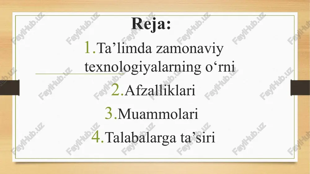 nikmalar. ta’limda texnologiyani integratsiyalash muammolari ko‘pgina afzalliklarga qaramay, ta’lim texnologiyasi o‘zining qiyinchiliklaridan holi emas: raqamli bo‘linish: hamma talabalar qurilmalar yoki ishonchli internetga kirish imkoniga ega emas, bu esa o‘rganish imkoniyatlarida tengsizlikni keltirib chiqaradi. chalg‘itadigan narsalar: foydali bo‘lsa-da, texnologiya to‘g‘ri boshqarilmasa, chalg‘ituvchi manba bo‘lishi mumkin. kiberxavfsizlik va maxfiylik: onlayn vositalardan foydalanish ma’lumotlarni himoya qilish va xavfsiz foydalanish bilan bog'liq xavotirlarni keltirib chiqaradi. o‘qituvchining tayyorgarligi: o‘qituvchilar o‘zlarining ta’lim usullariga yangi vositalarni samarali kiritish uchun treningni talab qilishlari mumkin. an’anaviy usullarni texnologiyaga asoslangan yechimlar bilan muvozanatlash mazmunli ta’lim natijalarini ta’minlash uchun juda muhimdir. talabalarga ta’siri texnologiyaga asoslangan ta’limga o‘tish talabalarga katta ta’sir ko‘rsatadi. endi ular ko‘plab raqamli resurslar orqali sinfdan tashqari mavzularni o‘rganishi mumkin bo‘lgan mustaqil o‘quvchilardir. shuningdek, ular turli xil ommaviy axborot vositalarida harakat qilishni o‘rganadilar, tadqiqot va tahliliy ko‘nikmalarini oshiradilar. bundan tashqari, texnologiya talabalarga global tengdoshlar bilan bog‘lanishga yordam beradi, madaniyatlararo ta’lim va muloqotni rag‘batlantiradi. biroq, talabalar raqamli platformalardan tashqarida shaxslararo …