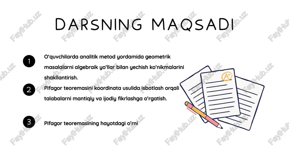 heorem berilgan uzunliklarni pifagor teoremasiga qo’yib, yetishmayotgan tomonni toping c = ? 8 + 15 = c 2 2 2 64 + 225 = c 2 289 = c 2 17 = c 3 koordinatalar tekisligidagi isboti a(x1,y1) c(x3,y3) b(x2,y2) geogebra platformasi wayground 10 6 10 8 pifagor teoremasi uchburchak tomonlari va ular o’rtasidagi munosabatni aniqlaydi xulosa u to'g'ri burchakli uchburchakning yetishmayotgan tomonini topish uchun ishlatilinadi va bu ko'plab real hayot muammolarini hal qilish uchun qo'llanilishi mumkin. pifagor teoremasini tushunish trigonometriyani, masofa formulasini va boshqalarni o'rganish uchun ajoyib asosdir! image1.png image2.svg image3.png image4.svg image5.png image6.svg image7.png image8.svg image9.png image10.svg image11.png image12.svg image13.png image14.svg image15.png image16.png image17.png image18.png image19.png image20.svg image21.png image22.svg image23.jpeg vagz4zdvp14.mp4 image24.png image25.svg image26.png image27.png image28.svg image29.png image30.svg /docprops/thumbnail.jpeg
