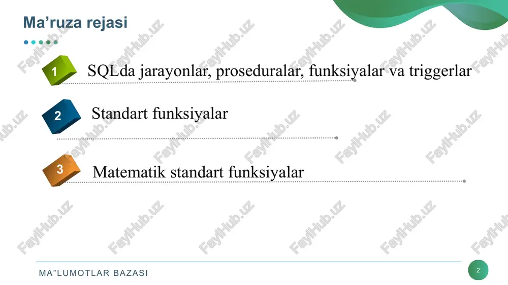 maxsus nom berilgan kodlar to'plami. xodimlar jadvali xodim_id ism familiyasi lavozimi maoshi 1 g‘olib botirov xisobchi 5 200 000 2 akbar alisherov at_bo‘limi boshlig‘i 4 550 000 delimiter // create procedure xodimruyxati() as begin select ism, familiyasi from xodimlar order by familiyasi, ism end; delimiter; xodim_id ism familiyasi 1 akbar alisherov 2 g‘olib botirov yaratilgan prosedurani mysql va postgresql da call buyrug‘i orqali, oracle sql va microsoft sql da exec buyrug‘ini bajarish orqali chaqiriladi. masalan: call xodimruyxati(); bunda procedura chaqiriladi va yuqoridagi yaratilgan so’rov bajariladi. procedura misol 1. 12 create database if not exists mydatabase; use mydatabase; create table if not exists users ( id int auto_increment primary key, name varchar(255), email varchar(255) ); delimiter // create procedure adduser(in newname varchar(255), in newemail varchar(255)) begin insert into users (name, email) values (newname, newemail); end // delimiter ; prcedurani chaqirish: call adduser(‘abdiev', ‘abdiev@yahoo.com'); ma”lumotlar bazasi sql da ichki funksiya sqlda: 1.ichki …