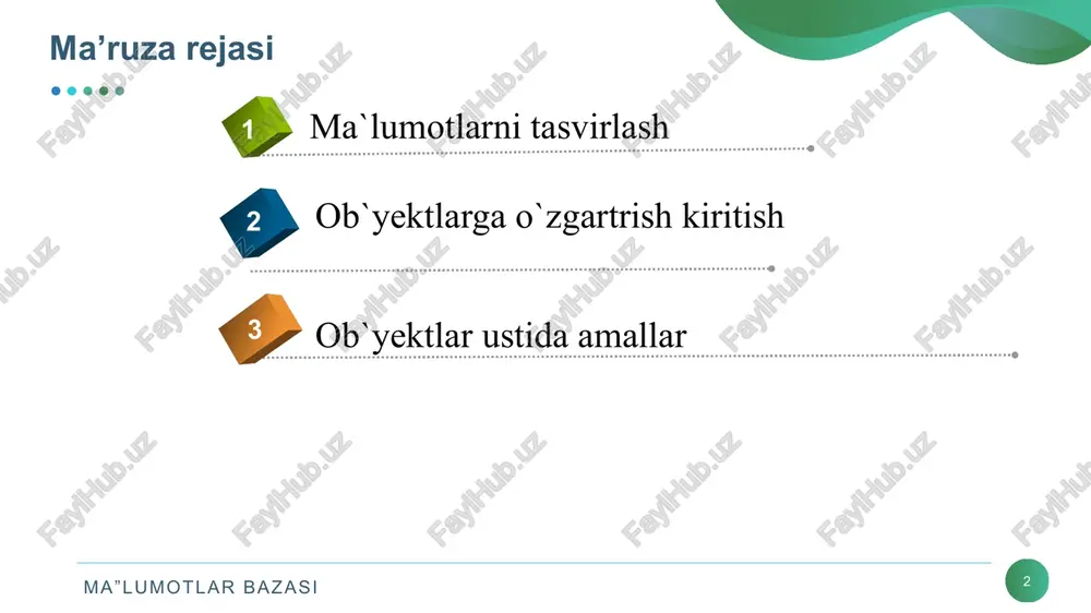 izoh ) yozish usullari: -- comment = ‘jadval korxona xodimi xaqidagi ma’lumot saqlaydi’ /* comment = ‘jadval korxona xodimi xaqidagi ma’lumot saqlaydi’ */ ma”lumotlar bazasi create buyrug’i 10 create database your_database; 2. create table your_table ( column1 datatype1, column2 datatype2, ... ); 3. create index index_name on your_table(column1); 4. create view your_view as select column1, column2 from your_table where condition; 5. create procedure your_procedure() begin -- prosedura tanasi end; 6. create function your_function(parameter datatype) returns return_datatype begin -- funksiya tanasi end; 7. create event your_event on schedule at '2023-01-01 00:00:00’ do -- xodisalar tanasi va mantig’i ma”lumotlar bazasi sql tilida jadvalga ma’lumotlar kiritish, o‘zgartirish va o‘chirish buyruqlari select (tanlash) insert (qo‘shish) update (tiklash yangilash) delete (o‘chirish) buyruqlari merge ( join,union) (birlashtirish) lock table (jadvalni bloklash) unlock tables (jadvalni blopkdan chiqarish) 11 sql buyruqlarini bajarilish ketma-ketligi 12 ma”lumotlar bazasi select 13 ma”lumotlar bazasi alter alter table mavjud jadvalga ustunlarni qo'shish, o'chirish …