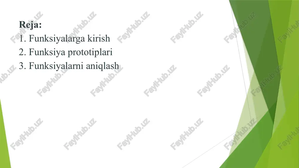 \) qiymatlarida qanday natija beradi, bu grafik yordamida tasvirlanadi. funksiya aniqlanish sohasi – bu \(x\) o‘zgaruvchisining barcha mumkin bo‘lgan qiymatlari to‘plami. masalan, agar \(f(x) = 1/x\), \(x\) noldan farqli barcha real sonlar aniqlanish sohasi hisoblanadi. 2. funksiya prototiplari funksiya prototiplari dasturlash tilida keng qo‘llaniladigan tushunchalardan biridir. dasturlashda, ayniqsa c va c++ tillarida funksiya prototiplari muhim o‘rin tutadi. funksiya prototipi — bu funktsiyaning imzosini e’lon qiladi va u funksiyaning qanday chaqirilishi mumkinligini aniqlaydi. bu funksiya tanasini kodlashdan oldin funksiyaning mavjudligi va qanday foydalanilishi haqida ma'lumot beradi. funksiya prototipining asosiy qismi quyidagilardan iborat: 1. **funksiya nomi**: funksiyaning o‘ziga xos nomi bo‘lib, u bilan funksiya chaqiriladi. 2. **parametrlar**: funksiyaga uzatiladigan argumentlar ro‘yxati. parametrlar turi va tartibi qat’iy ravishda ko‘rsatilishi talab qilinadi. bu funktsiyaga qaysi turdagi argumentlar uzatilishi mumkinligini aniqlashda yordam beradi. 3. **qaytish turi**: funktsiya qanday turdagi qiymat qaytarishini aniqlaydi. masalan, `int`, `float`, `void` kabi turli xil qaytish turlari mavjud. funksiya prototipi quyidagi …