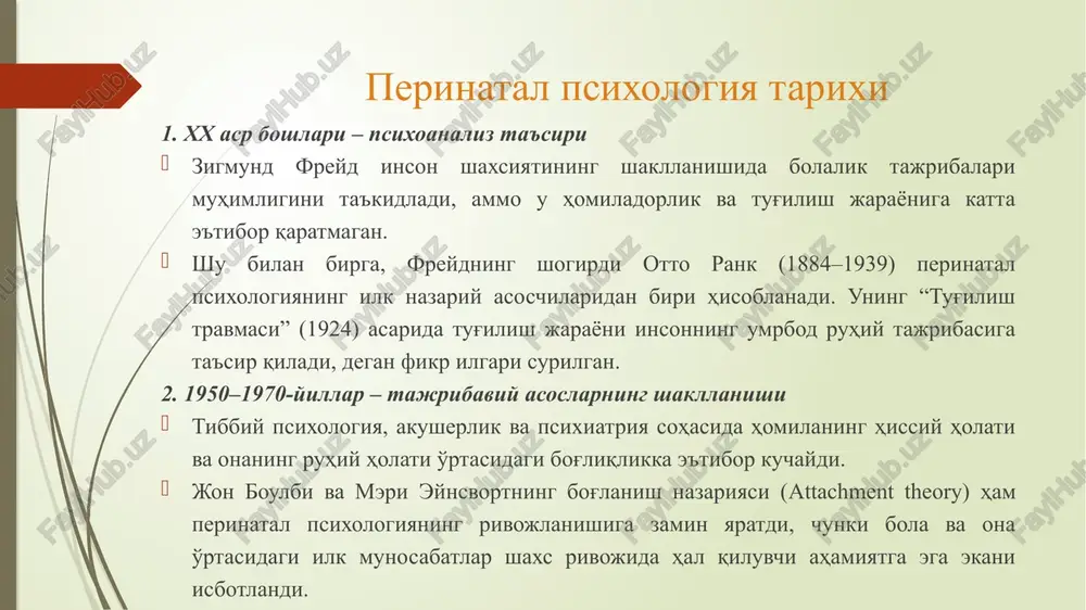 l tibbiyot va psixoterapiya integratsiyasi orqali bu sohaning ilmiy asoslari mustahkamlandi. homiladorlikda onaning stress darajasi, gormonal o'zgarishlar va psixoemotsional holatining bola rivojiga ta'siri katta ahamiyat kasb etayotgani ko'plab tadqiqotlarda isbotlangan. perinatal psixologiya hozirda akusher-ginekologlar, psixoterapevtlar va pedagoglar bilan hamkorlikda amaliy qo'llanmoqda (masalan, ona-bola munosabatlarini mustahkamlash, tug'ruqqa tayyorgarlik, postnatal depressiyani oldini olish). tadqiq etgan olimlar chet el olimlari: z.freyd, a.freyd, m.klyayn, o.rank, j.boulbi, s.grof rossiya olimlari: n.l.garmashova, n.n.konstantinova(ona- bola yagona tizim), a.s.batuev, l.v.sokolova, g.g.filippova(1 yoshgacha), i.v.dobryakov(3 yosh) uzbek olimlari: n.m.inoyatova, l.m.isanbaeva, u. j. jalalov homiladorlik psixologiyasi homiladorlik davri tibbiy taqvim bo'yicha to'qqiz oy o'n kunni o'z ichiga oladi. homiladorlik davomiyligi haftalarga o'lchanib, har bir akusherlik oyi 4 haftdan iborat bo'lib, 40 haftani tashkil etadi. 1-oy – 4 hafta 2-oy – 8 hafta 3-oy – 12 hafta 4-oy – 16 hafta 5-oy – 20 hafta 6-oy – 24 hafta 7-oy – 28 hafta 8-oy – 32 hafta 9-oy – 36 hafta 10-oy …