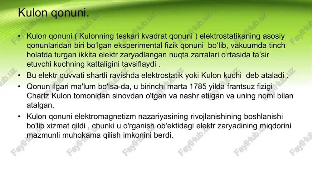 ri proportsional va ular orasidagi masofaning kvadratiga teskari proportsionaldir. xuddi shunday zaryadlar bir-birini qaytaradi, qarama-qarshi zaryadlar esa bir-birini tortadi. • elektr zaryadlari o‘zaro kuch bilan ta’sirlashar ekan. u zaryad kattaligiga va boshqa omillarga qanday bog‘liq? bu masalani 1780-yillarda fransuz fizigi sharl kulon (1736-1896) o‘rgangan. u burama tarozidan foydalangan, bu tarozi kavendish gravitatsiya doimiysini aniqlashda foydalangan qurilmaga juda o‘xshaydi. nuqtaviy zaryad... • nuqtaviy zaryad deb, shunday zaryadlangan jismga aytiladiki, uning o'lchamlari boshqa zaryadlangan jismlargacha bo'lgan masofaga nisbatan sezilarli darajada kichik bo'lishi kerak.