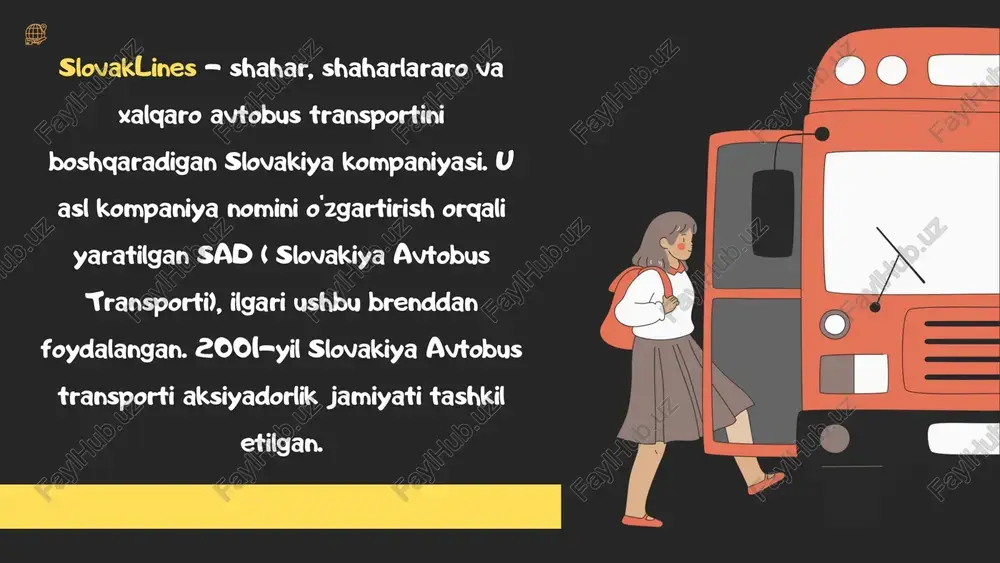 nivy avtovokzali har tomondan kirish bekatga savdo markazining har bir qavatidan, kirish joyidan yoki joylashgan joyidan 14 tagacha lift, 2 ta eskalator, bitta sayohatchi va 13 ta zinapoya orqali osongina borish mumkin. to'liq to'siqsiz kirish va hojatxonalar butun binoning va stantsiyaning barcha joylarining tabiiy qismidir. slovak linesdan avtobus chiptasini olish uchun quyidagi usullar 1 . rasmiy vebsayt orqali saytga kiring: www.slovaklines.sk yo‘nalishni tanlang: "from" (qayerdan) va "to" (qayerga) bo‘limlarini to‘ldiring. sanani tanlang: borish va qaytish sanasini belgilang. reysni tanlash: mavjud avtobuslar jadvalidan o‘zingizga qulay bo‘lgan vaqtni tanlang. to‘lovni amalga oshirish: bank kartasi yordamida to‘lovni amalga oshiring. biletni yuklab oling: elektron bilet emailga yuboriladi yoki qr-kod shaklida yuklab olinadi. 2. mobil ilova orqali ilovani yuklab oling: slovak lines mobil ilovasini google play yoki app store’dan yuklab oling. ro‘yxatdan o‘ting: shaxsiy ma’lumotlaringizni kiriting. izlash: yo‘nalish, sana va reysni tanlang to‘lovni amalga oshirish: ilova orqali qulay to‘lovni amalga oshiring. elektron biletni saqlash: ilova …