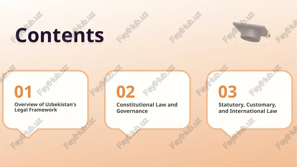 stomary law plays a vital role in uzbekistan, reflecting local traditions and practices. it complements statutory law, particularly in rural areas, influencing social norms and dispute resolution. international law impact international law significantly shapes uzbekistan's legal landscape, as treaties and agreements influence domestic legislation, promoting alignment with global legal standards and human rights practices. the role of constitutional law in shaping uzbekistan's governance structure. 1 constitutional framework uzbekistan's constitution, adopted in 1992, establishes the foundational legal structure, defining the separation of powers, governance, and the rights of citizens. 2 governance principles the constitution enshrines key governance principles, including democracy, rule of law, and human rights, shaping the legal landscape and guiding state institutions' operations. 3 amendments and impact constitutional amendments reflect evolving governance needs, addressing social, political, and economic changes, thereby ensuring the legal framework aligns with contemporary challenges in uzbekistan. key principles of constitutional law and their impact on …