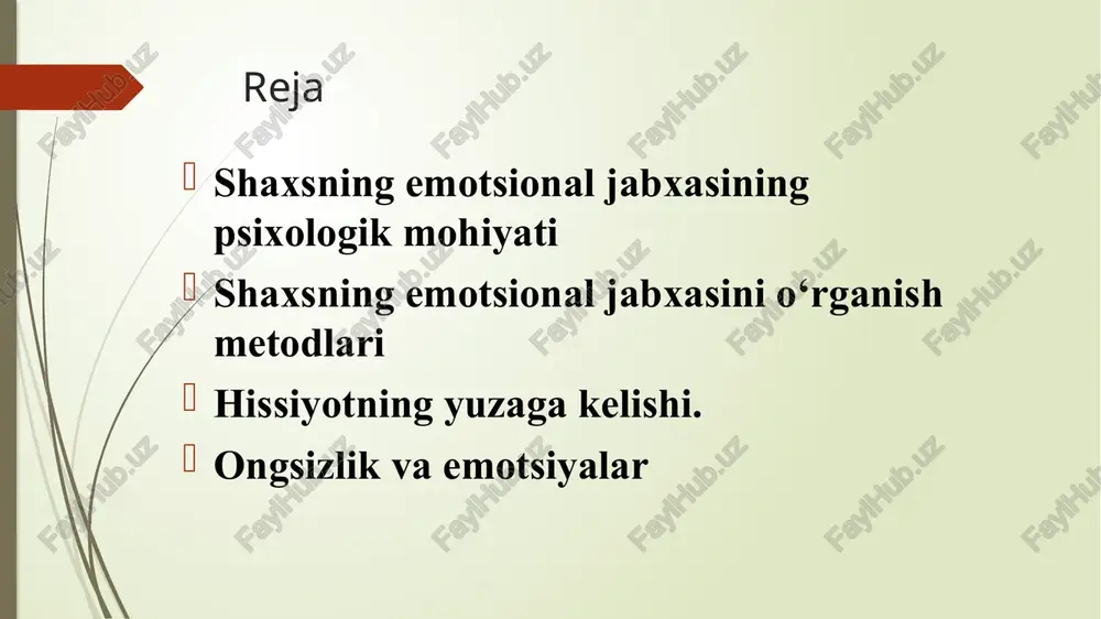 di. 4. shaxsning emotsional jabxasini o‘rganish metodlari 4.1. kuzatish va tabiiy eksperiment emotsional reaksiyalarni real sharoitlarda qayd etish. mimik va pantomimik ifodalarni tahlil qilish. 4.2. laboratoriya eksperimentlari maxsus stimullar (videorolik, tovush, vaziyat) orqali emotsiya chaqirish. javob reaksiyalarini vaqt, kuch va fiziologik o‘zgarishlar bo‘yicha o‘lchash. 4.3. so‘rovnoma va test metodlari panas – ijobiy va salbiy affektni o‘lchaydi. lyusher testi – rang tanlash asosida kayfiyatni aniqlaydi. shmishek testi – temperament va emotsional barqarorlikni baholaydi. 4.4. proyektiv metodlar rorshax testi – individual hissiy tajribalarni ochib beradi. tat (tematik apperseptiv test) – surat asosida hikoya tuzish orqali yashirin kechinmalarni ochish. 5.hissiyotning yuzaga kelishi. fiziologik harakat va hissiyot hissiyotning kelib chiqishi haqidagi nazariyalar jeyms-lange nazariyasi – avval fiziologik reaksiyalar (yurak urishi, nafas tezlashishi, mushaklarning taranglashishi) yuzaga keladi, so‘ngra ular hissiyot sifatida anglanadi. masalan, biz yig‘laganimiz uchun qayg‘uramiz. kannon-bard nazariyasi – fiziologik reaksiyalar va hissiyot bir vaqtning o‘zida, mustaqil holda paydo bo‘ladi. shaxter-singer (ikki omilli nazariya) …