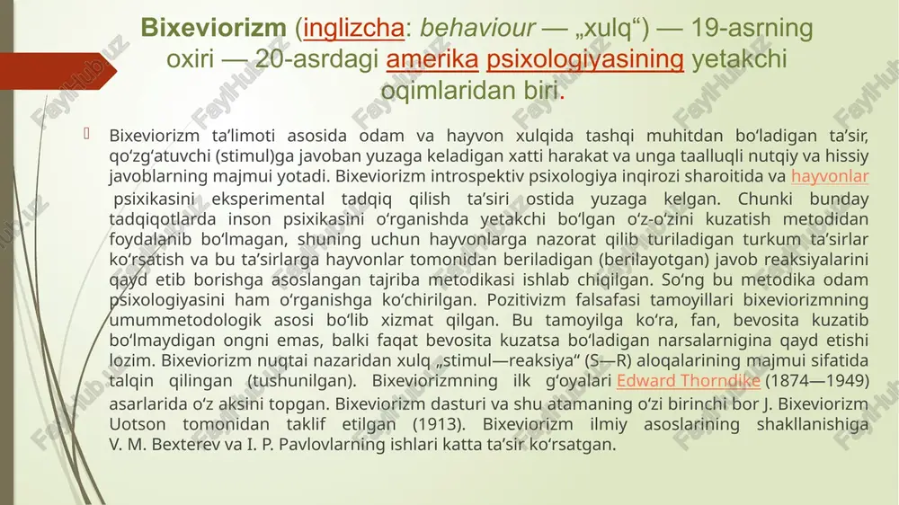 stahkamlanib boradi va keyinchalik ham „effekt qonuni“ning qayta tiklanishi anʼanasiga ega boʻladi. reaksiyalarning mustahkamlanib borishi „mashklar qonuniga“ boʻysunadi, yaʼni bir xil stimullarga javoban bir xil reaksiyalarning qaytaqayta takrorlanaverishi natijasida bu reaksiyalar oʻz-oʻzidan yuzaga chiqaveradigan boʻlib qoladi. bixeviorizm 20-asrning 20- yillarida yuksak darajada rivojlandi. bixeviorizm atamasi va tadqiqot metodikalarining asosiy gʻoyalari antropologiya, sotsiologiya va pedagogikaga ham tatbiq etildi. xulqni oʻrganish borasida bir-biri bilan bogʻliq bu fanlar amerikada bixevioral fanlar deb ataladigan umumiy nom olgan. hozir koʻp hollarda bixeviorizm gʻoyalari saqlanib qolgan, ikkinchi jahon urushidan keyin bixeviorizm anʼanalari qator tadqiqotlar, shuningdek dasturli taʼlim (skinner) deb nomlangan amerika konsepsiyalarida davom ettirilgan. hozirgi zamon psixologiyasida bixeviorizm jiddiy tanqid ham qilinadi. buning sababi bixeviorizmda ong, tafakkur, iroda va shahri k. asosiy tushunchalar psixologiyadan chetlashtiriladi, psixikaning ijtimoiylik tabiati inkor qilinadi va shularning oqibatida inson xulqi soddalashtirilib yuboriladi. geshtaltpsixologiya (nem. gestalt — shakl, obraz, qiyofa, tashqi koʻrinish va psixologiya) — psixologiyadagi oqimlardan biri. 20-asrning 20— 30-yillarida germaniyada …