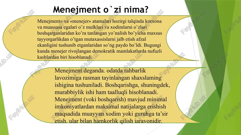 satiladi: davlat ta’lim standartida, belgilangan bilimlar zahirasini egallash uchun qanday ishlarni amalga oshirish kerakligi ; bilim, ko’nikma va malakalarni hosil qilishni tashkil etish (savodxonlik, mustaqil fikrlash hamda masalalarni yccha olishga o’rgatish). ta’lim muassasasining ustavi quyidagi bo’limlardan tashkil topadi: qisqacha ta’lim muassasasi haqidagi ma’lumotlar. ta’lim muassasasini boshqarishning oshkoralik, demokratik va o’z-o’zini boshqarish asosida amalga oshirilishi; ta’lim muassasasining maqsad va vazifalari. boshqarishning tizimlilik va yagonalik. ta’lim muassasasini boshqarishga nisbatan tizimli yondashuv asosida rahbar ta’lim muassasasini bir butun yaxlit tizim sifatida va uning belgilari haqida aniq tasavuiga ega bo’ladi. tizimning birinchi belgisi yagonaligi hamda uni bo’laklar, tarkibiy qismlarga ajratish mumkinligidadir. ta’lim tizimini boshqarishda shaxsga alohida hurmat bilan munosabatda bo’lish, unga ishonish. pedagogik faoliyatda subektning subektga munosabati darajasiga erishish, o’quvchi va o’qituvchining huquq va manfaatlarini himoya qilish, o’z iste’dodlari va kasbiy mahoratlarini erkin namoyon etish uchun sharoit yaratish insonparvarlik tamoyiliga asoslangan boshqaruv mohiyatini anglatadi. ta’lim muassasasining pedagogik kadrlariga qo’yilgan talablari. pedagog kadrlar malakasini turli …