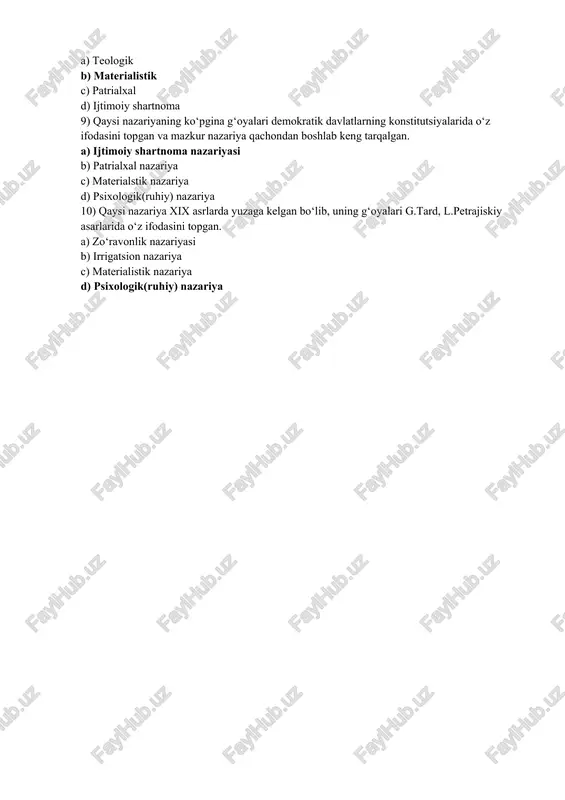 srlarda yuzaga kelgan bo‘lib, uning g‘oyalari g.tard, l.petrajiskiy asarlarida o‘z ifodasini topgan. a) zo‘ravonlik nazariyasi b) irrigatsion nazariya c) materialistik nazariya d) psixologik(ruhiy) nazariya